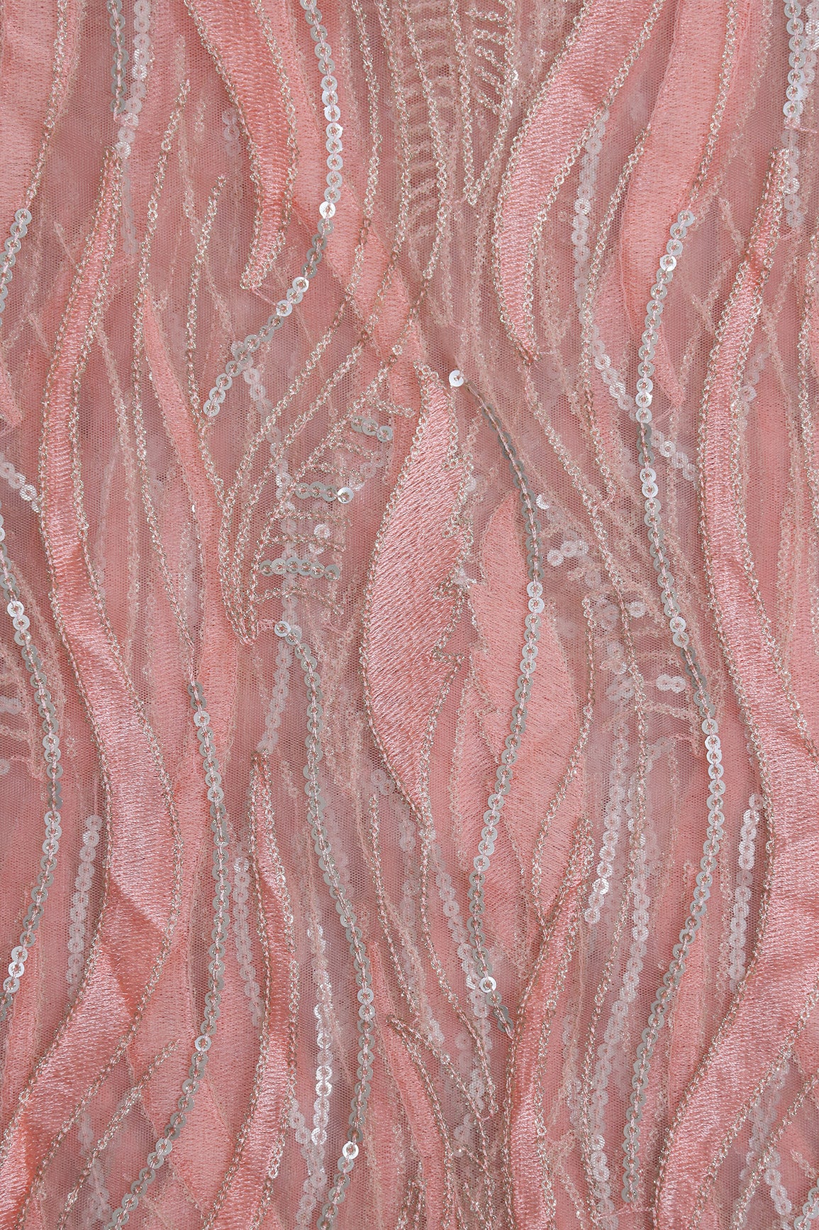 Peach Thread With Sequins Wavy Embroidery Work On Peach Soft Net Fabric