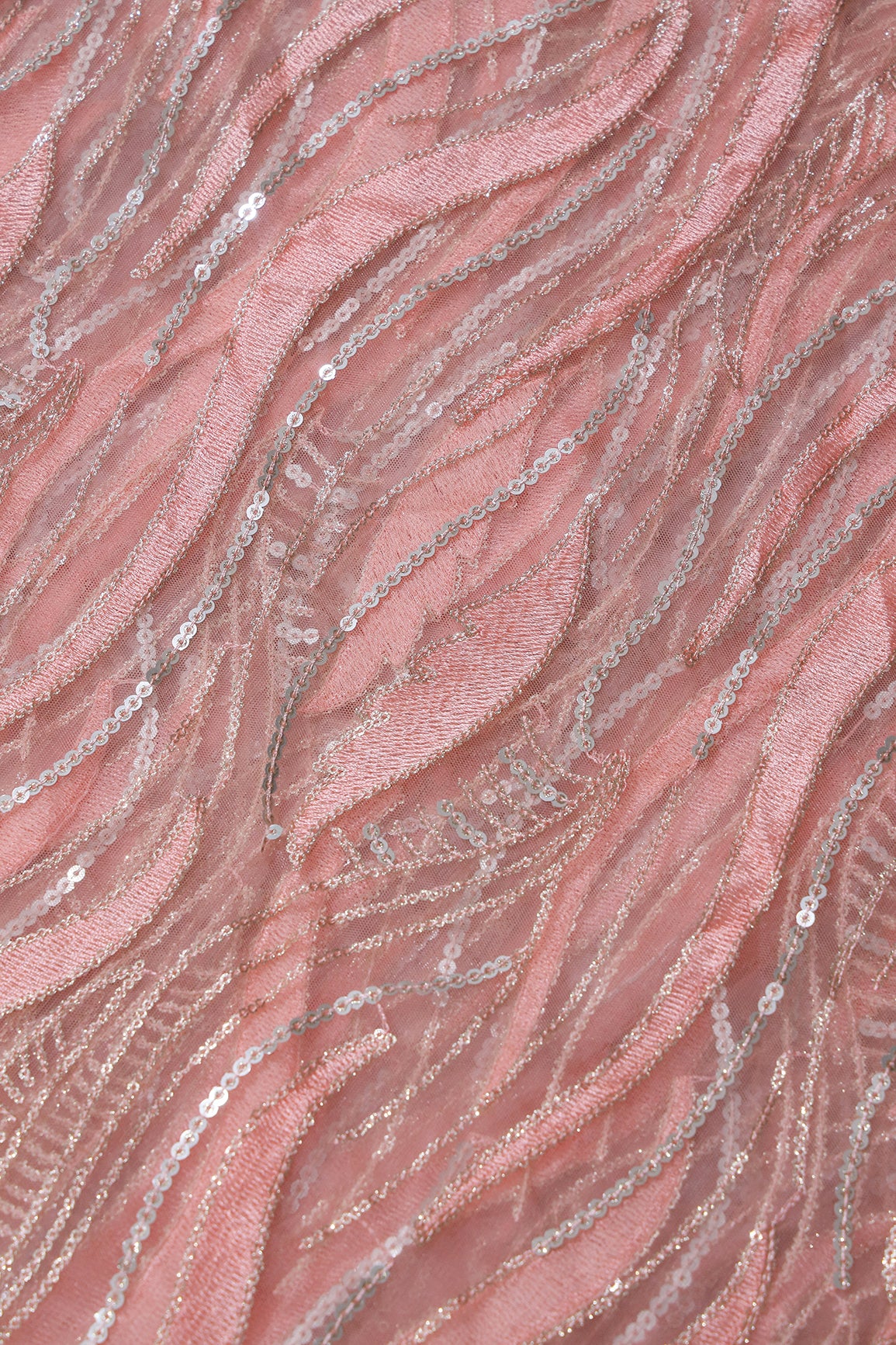 Peach Thread With Sequins Wavy Embroidery Work On Peach Soft Net Fabric