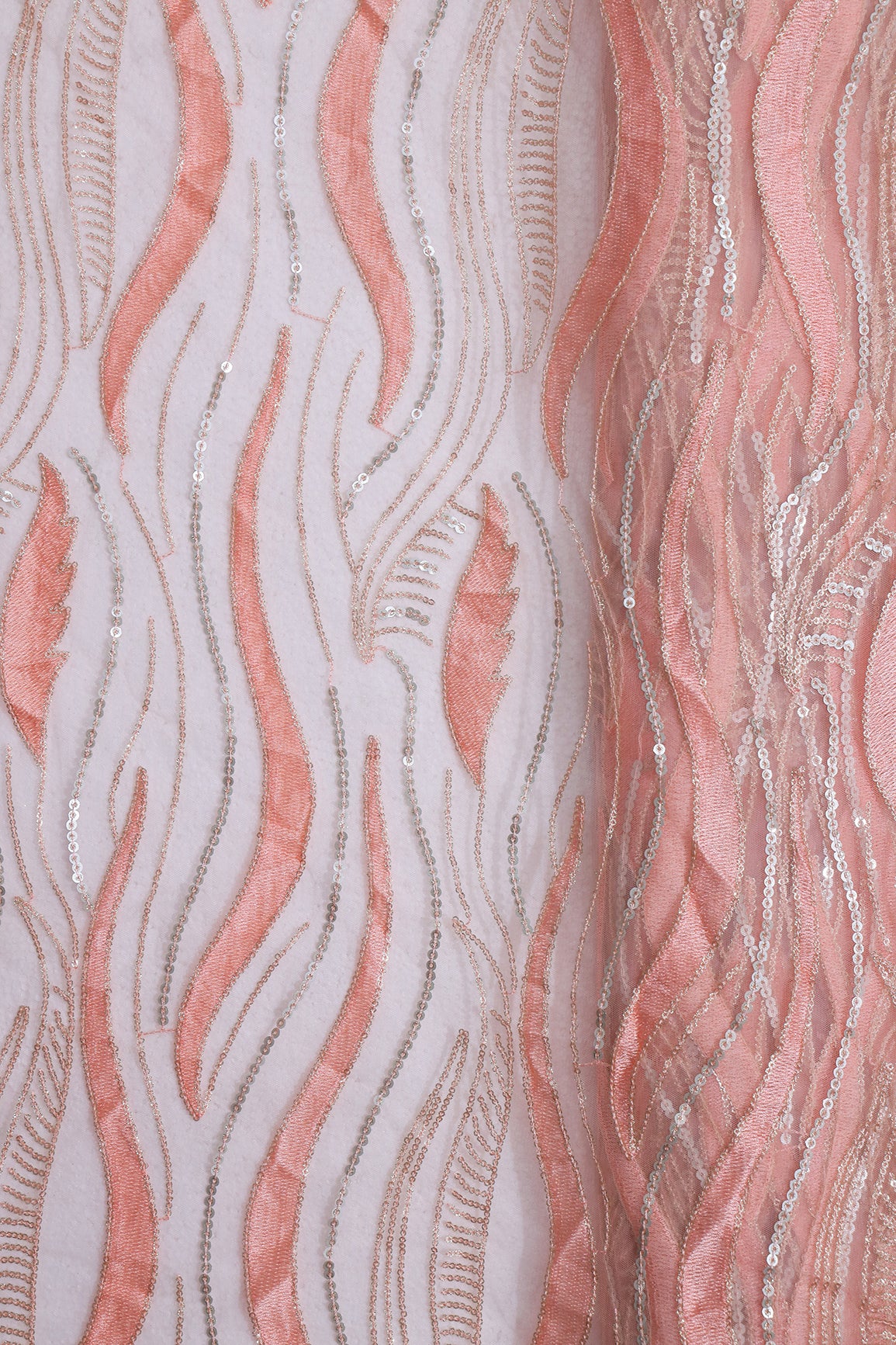 Peach Thread With Sequins Wavy Embroidery Work On Peach Soft Net Fabric