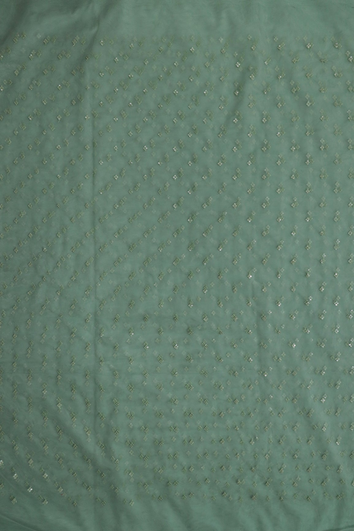 Small Motif Sequins Embroidery Work On Olive Soft Net Fabric
