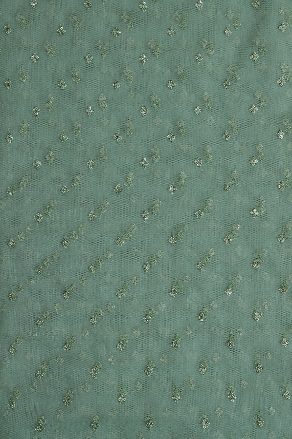 Small Motif Sequins Embroidery Work On Olive Soft Net Fabric