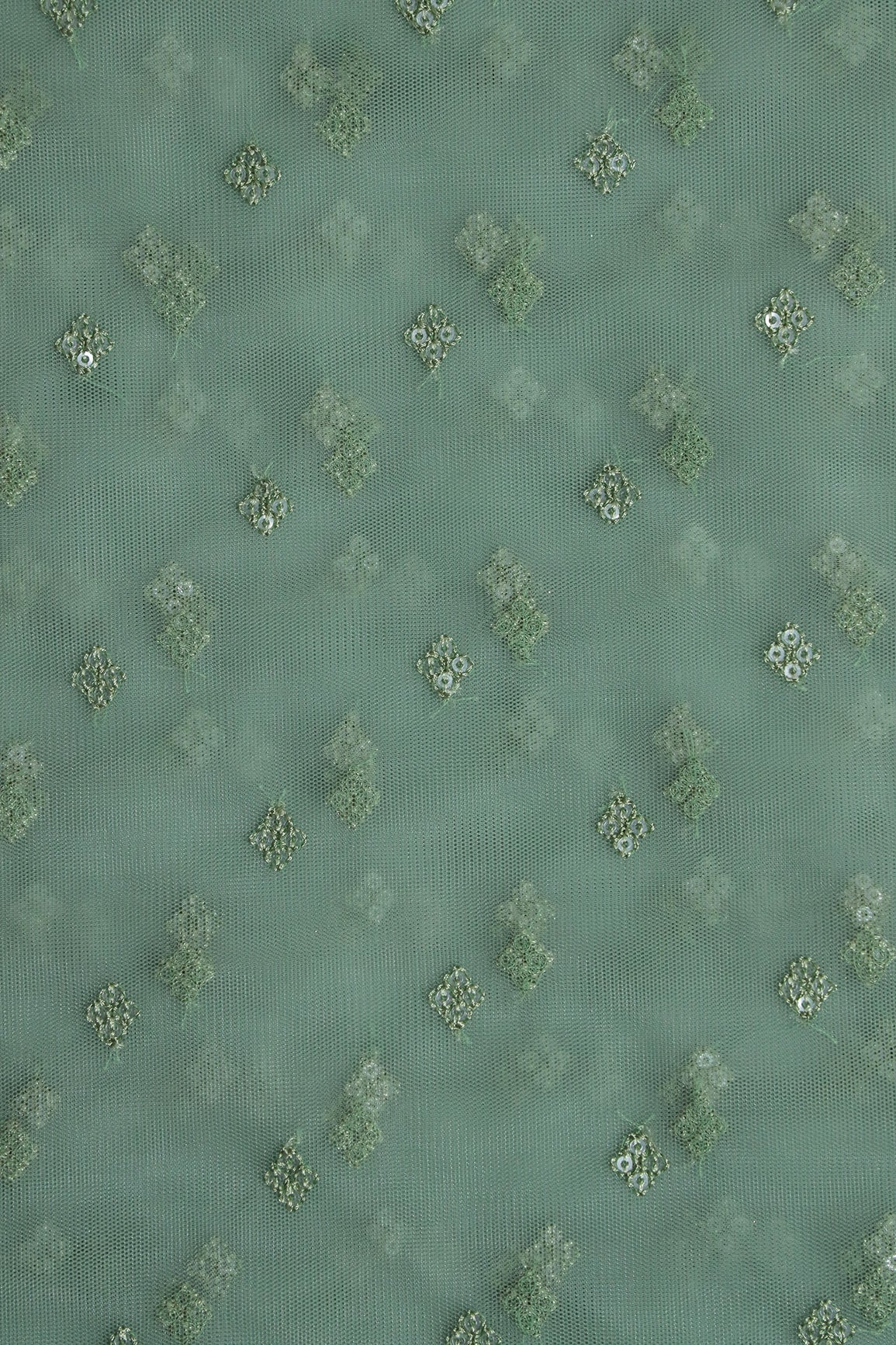 Small Motif Sequins Embroidery Work On Olive Soft Net Fabric
