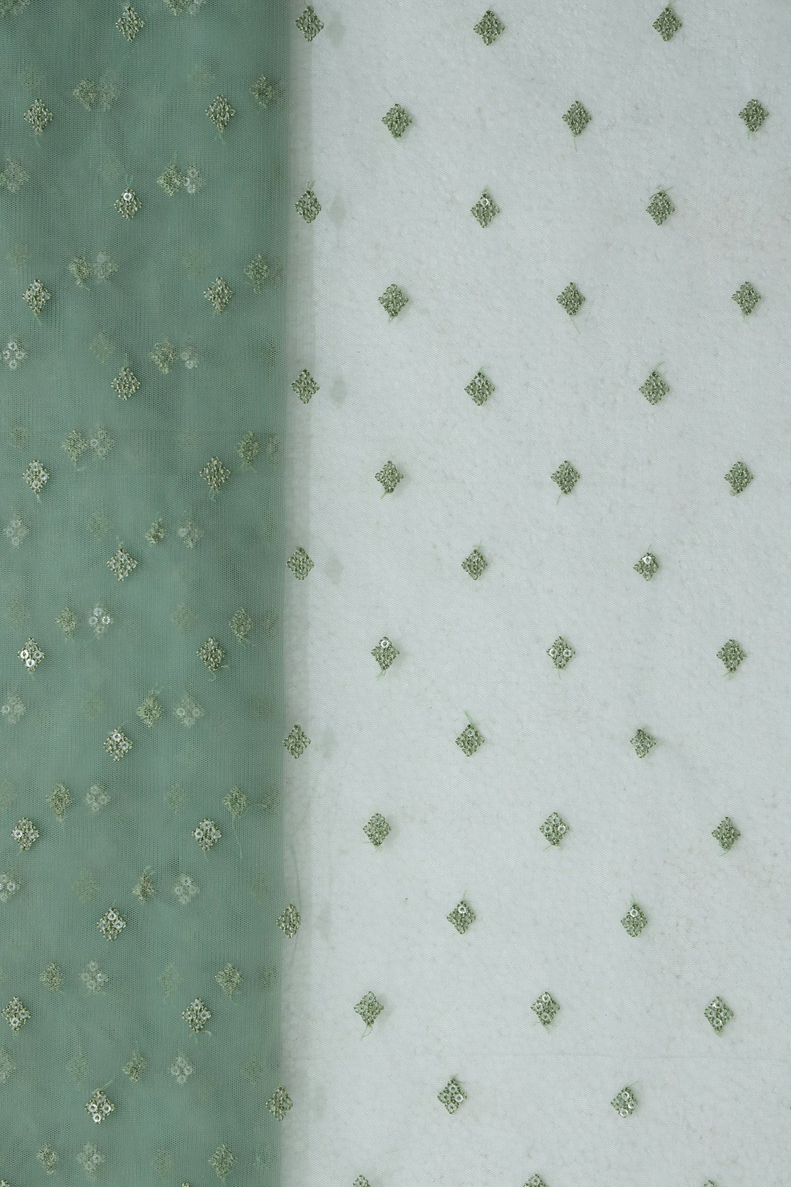 Small Motif Sequins Embroidery Work On Olive Soft Net Fabric