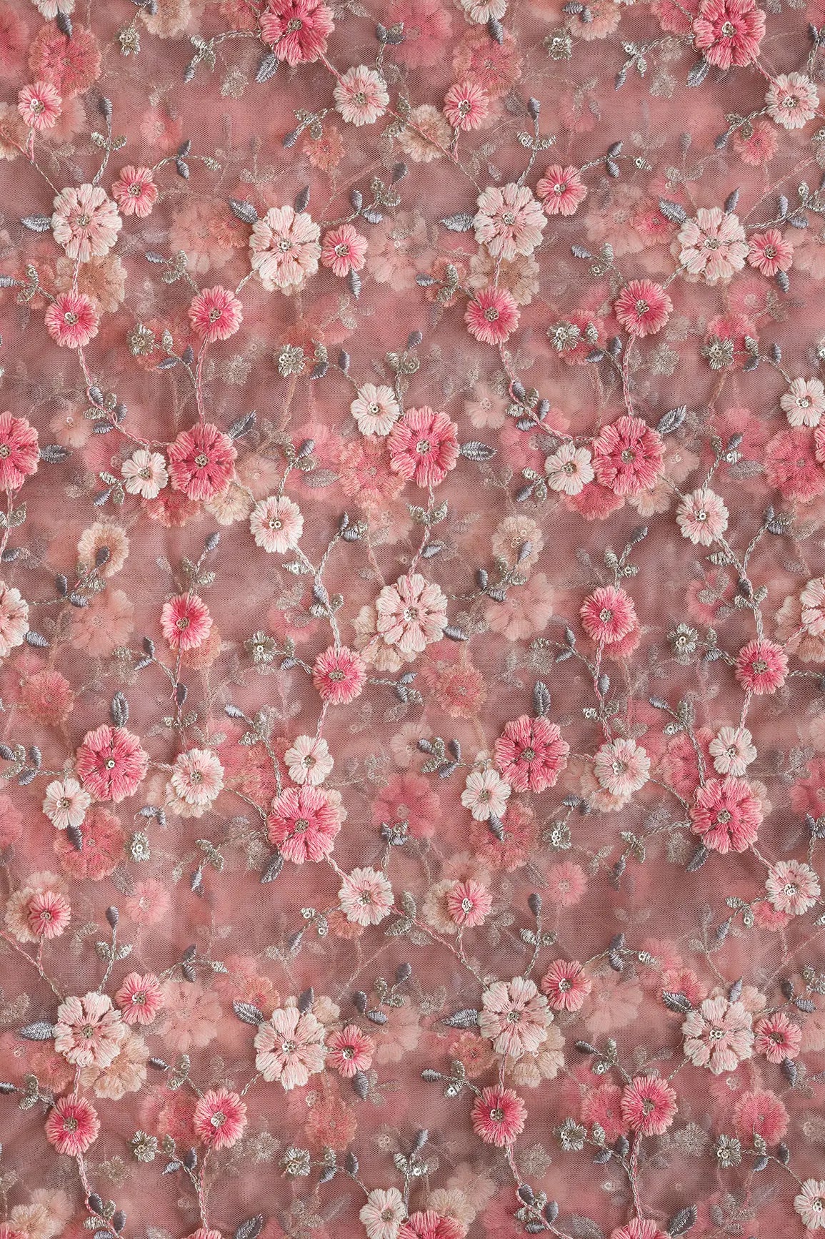 Pink And Cream Thread With Gold Sequins Floral Embroidery On Dusty Peach Soft Net Fabric