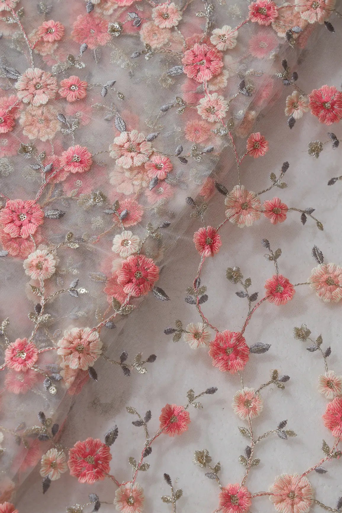 Pink And Cream Thread With Gold Sequins Floral Embroidery On Dyeable White Soft Net Fabric