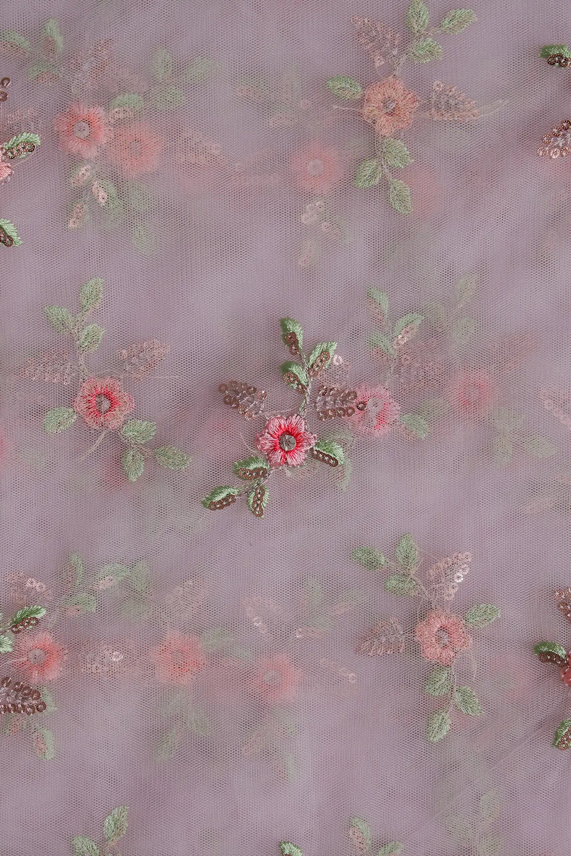 Olive And Pink Thread With Gold Sequins Floral Butta Embroidery On Purple Grey Soft Net Fabric