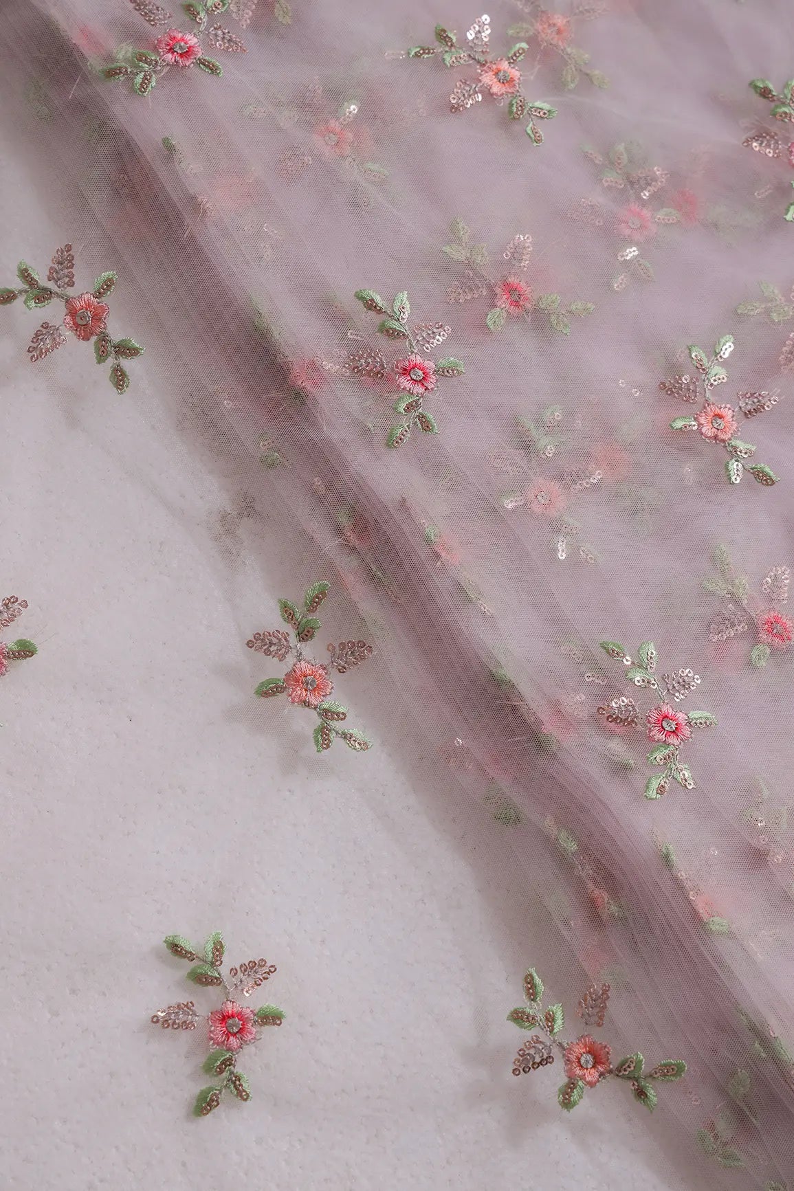 Olive And Pink Thread With Gold Sequins Floral Butta Embroidery On Purple Grey Soft Net Fabric