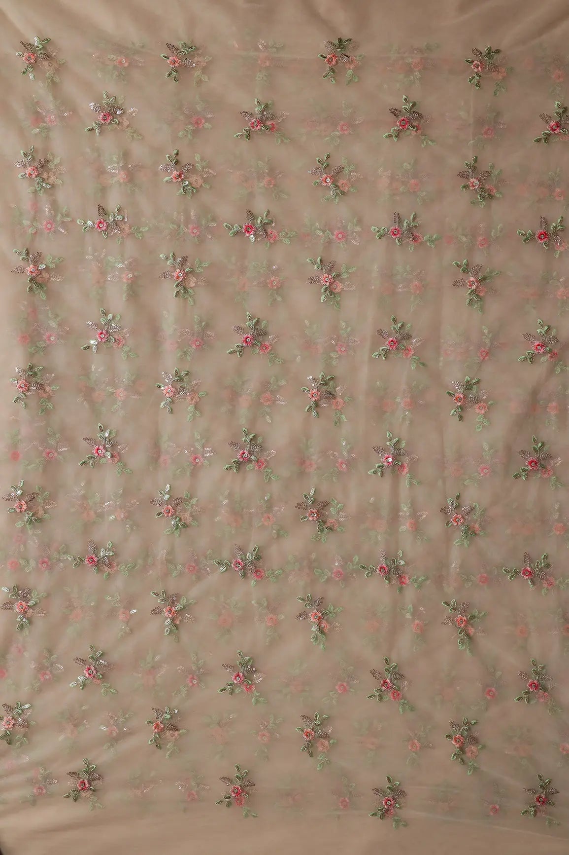 Olive And Pink Thread With Gold Sequins Floral Butta Embroidery On Light Beige Soft Net Fabric