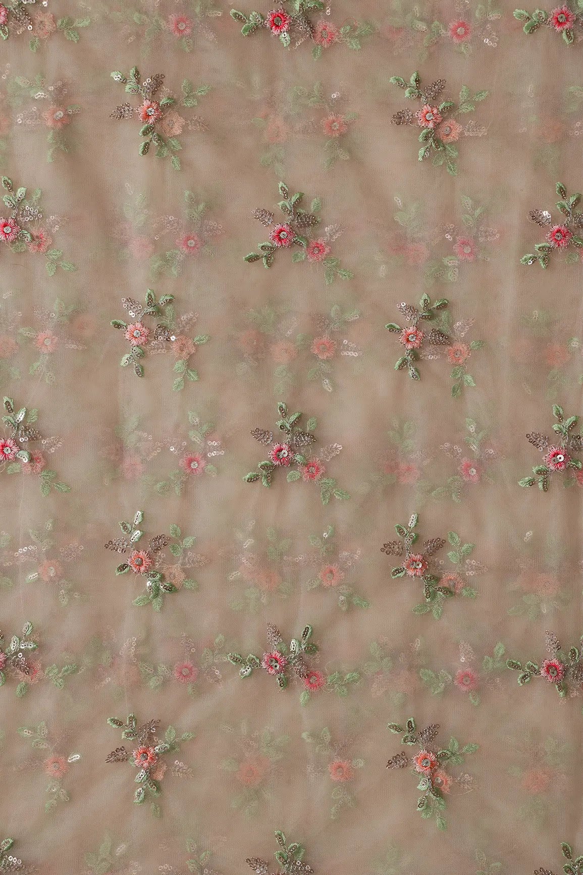 Olive And Pink Thread With Gold Sequins Floral Butta Embroidery On Light Beige Soft Net Fabric