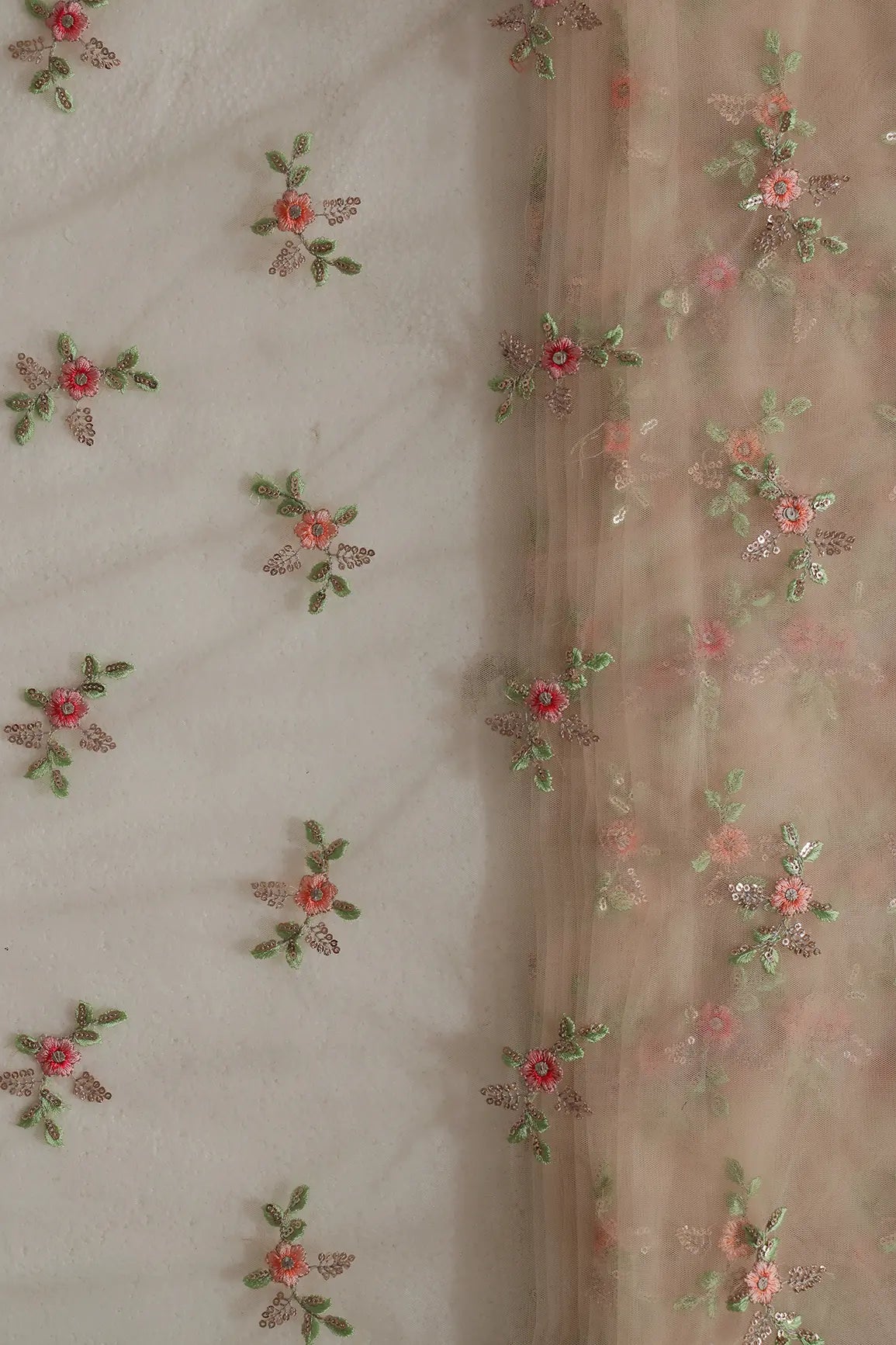 Olive And Pink Thread With Gold Sequins Floral Butta Embroidery On Light Beige Soft Net Fabric