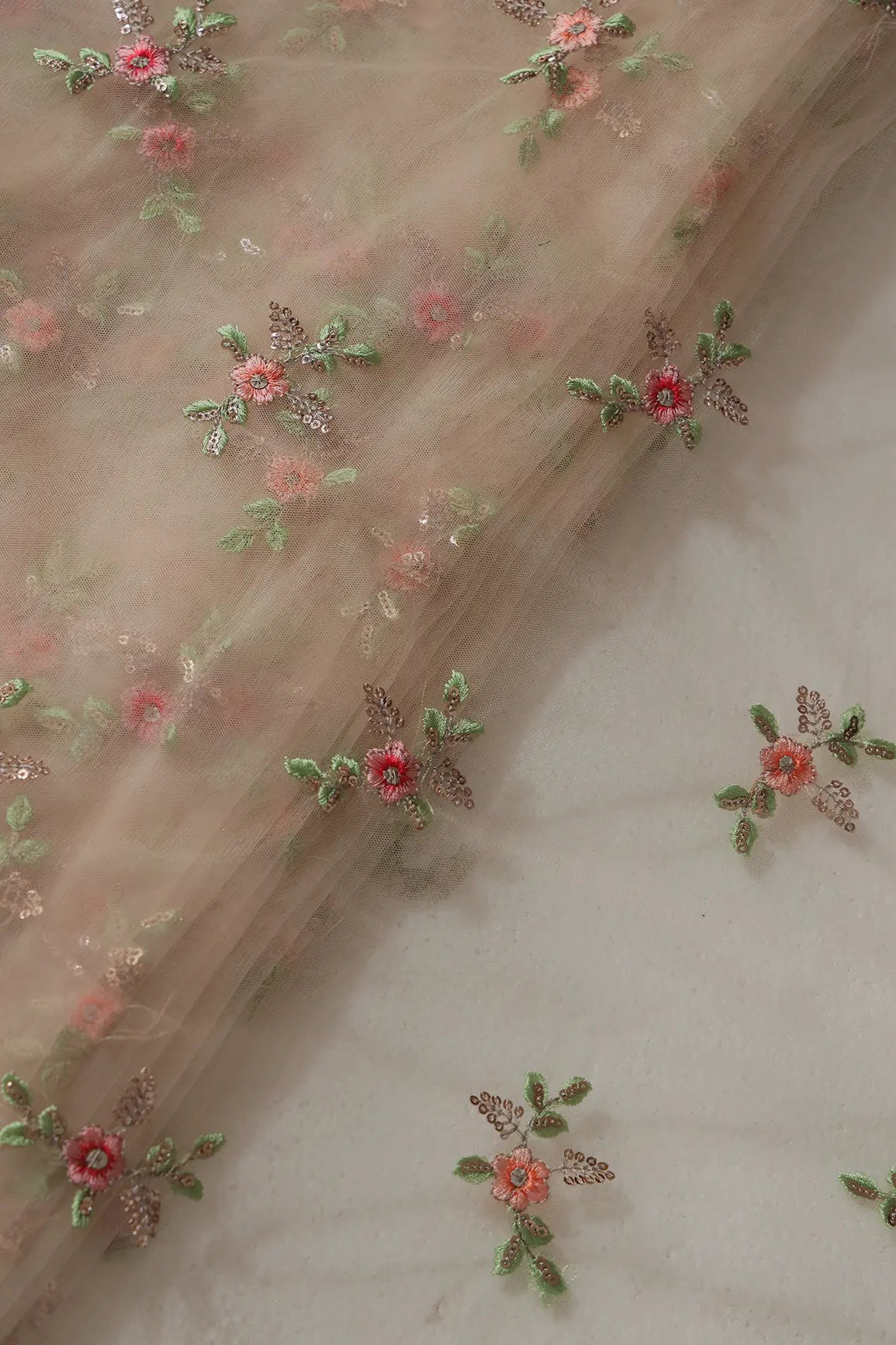 Olive And Pink Thread With Gold Sequins Floral Butta Embroidery On Light Beige Soft Net Fabric