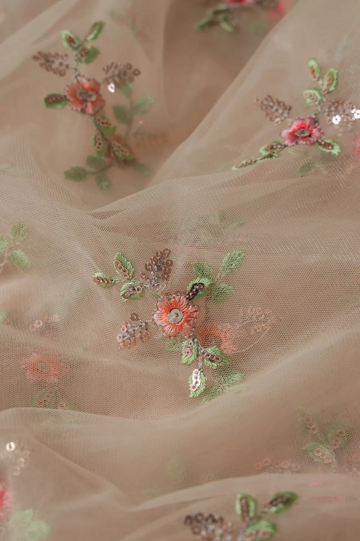 Olive And Pink Thread With Gold Sequins Floral Butta Embroidery On Light Beige Soft Net Fabric