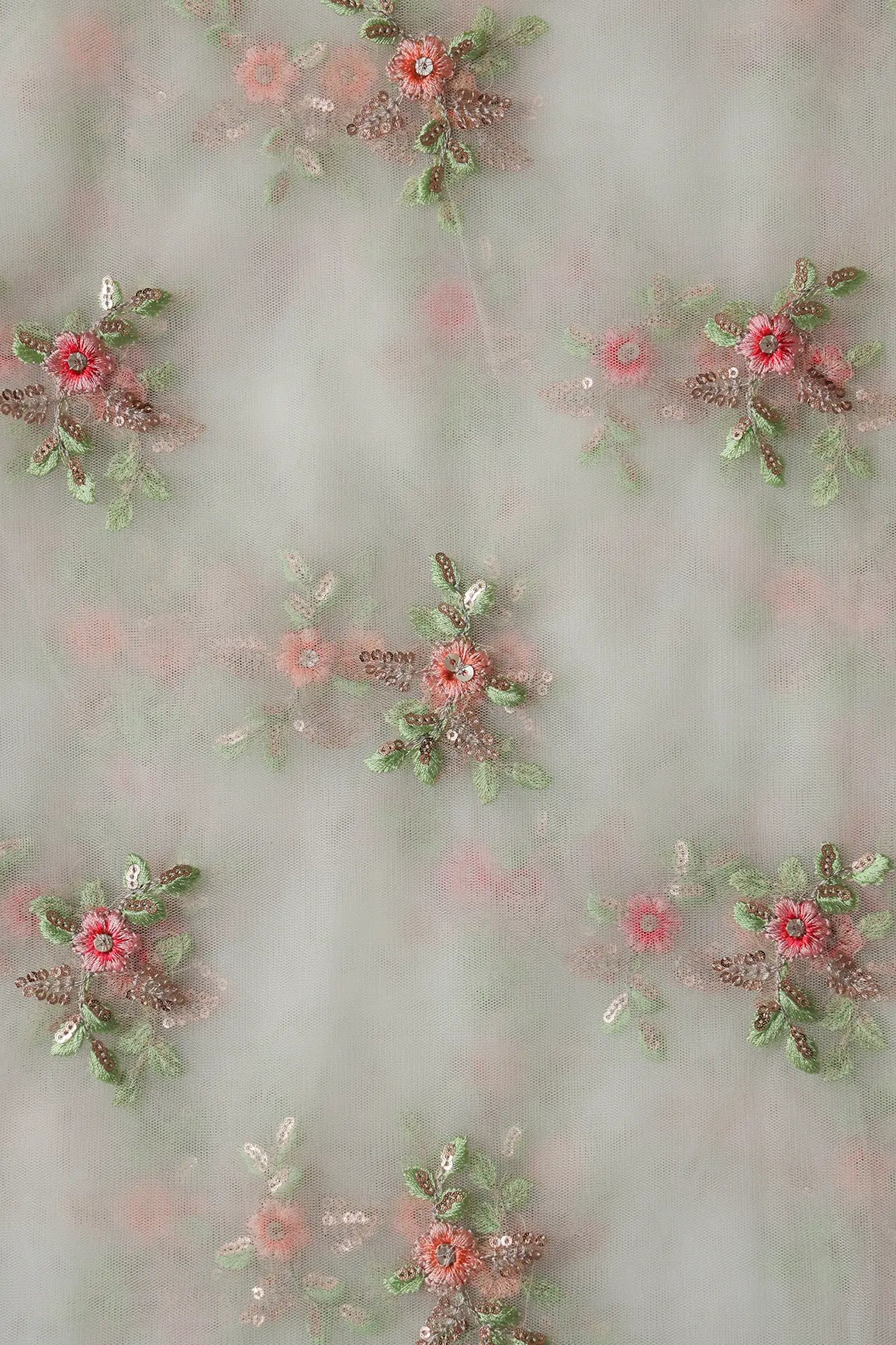 Olive And Pink Thread With Gold Sequins Floral Butta Embroidery On Dyeable White Soft Net Fabric