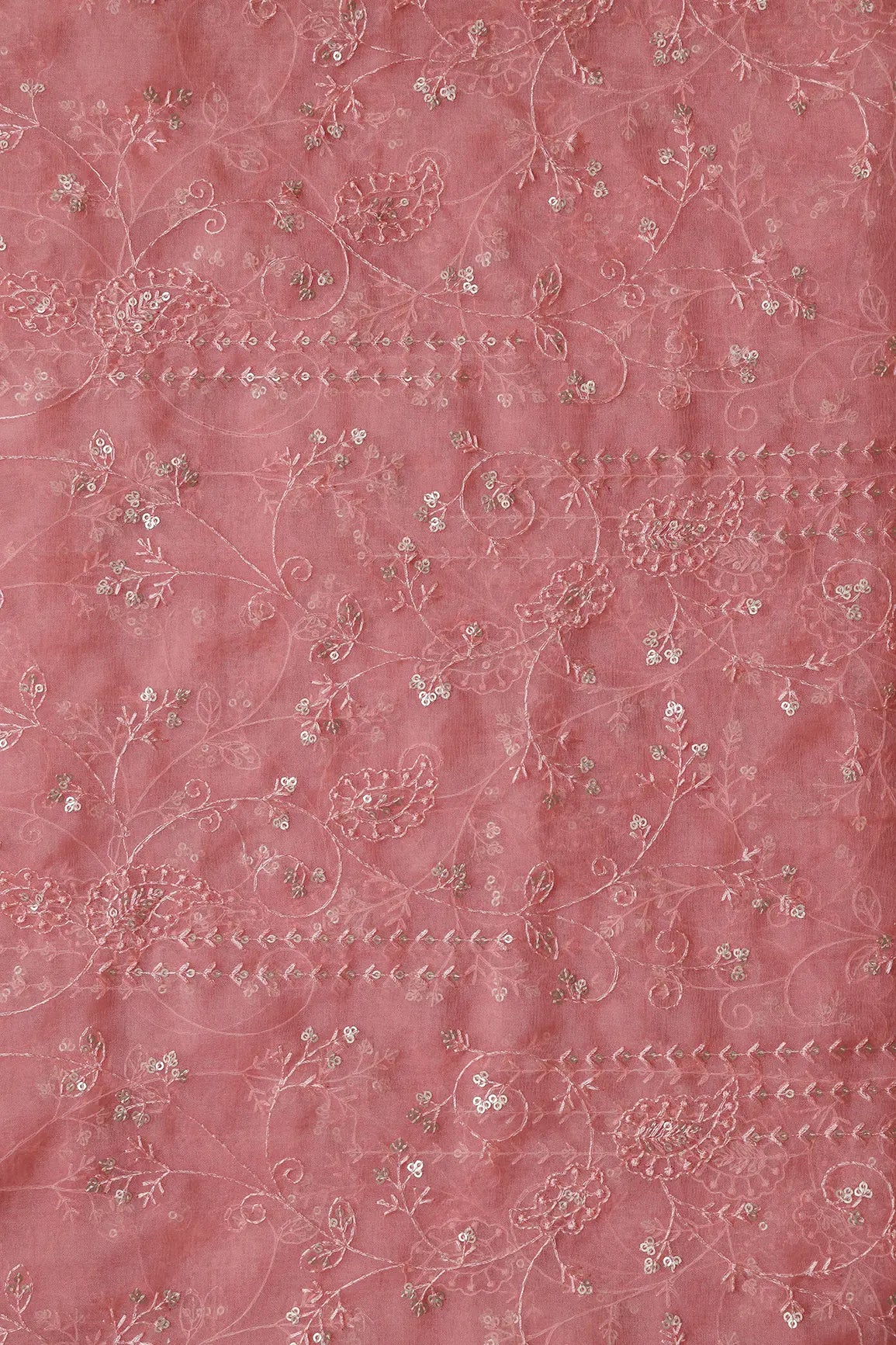 Pink Thread With Sequins Floral Embroidery On Gajri Pink Organza Fabric