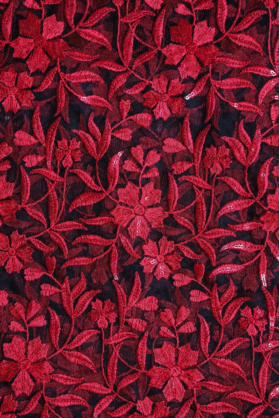 Red Thread With Sequins Floral Heavy Embroidery On Red Soft Net Fabric