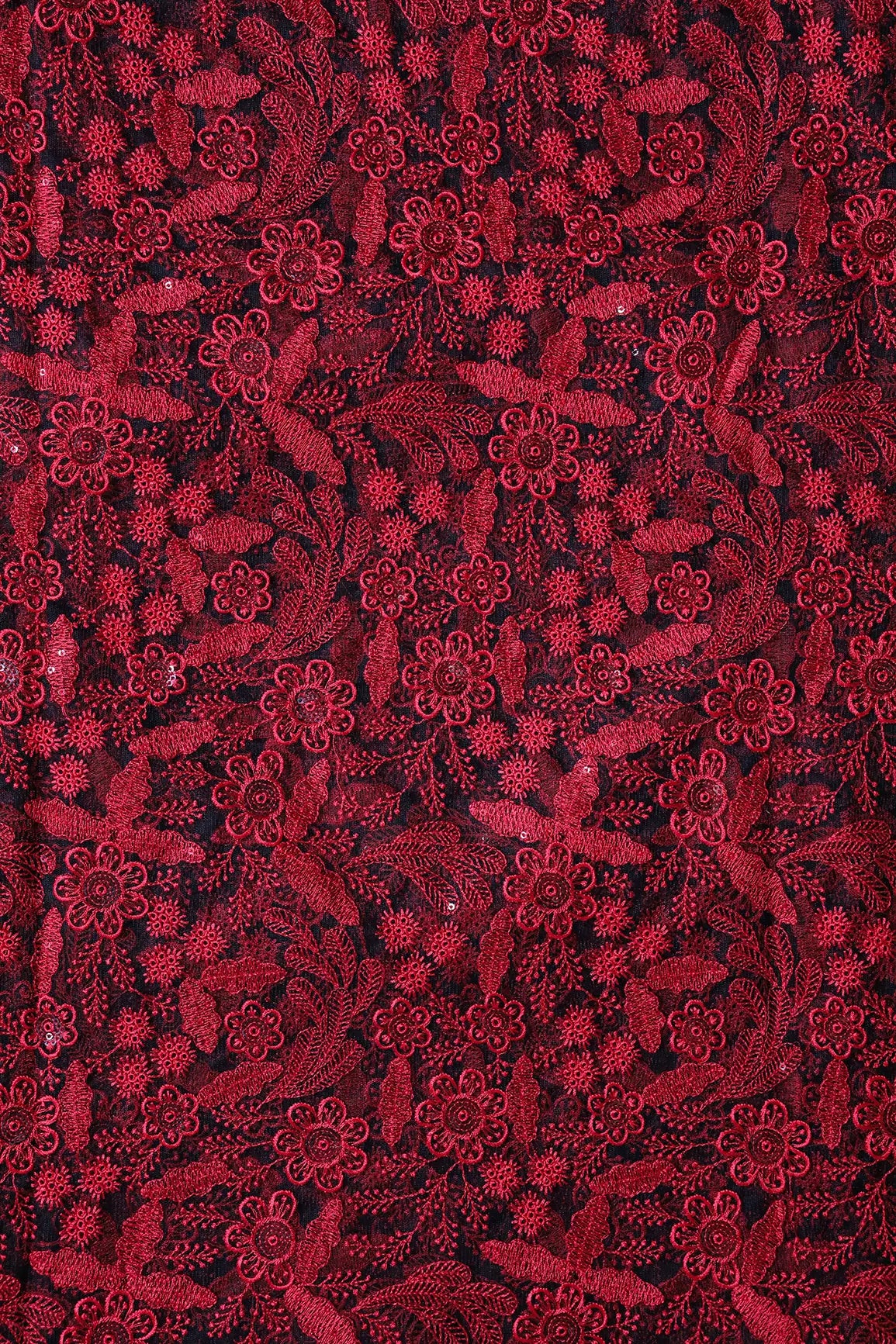 Red Thread With Sequins Floral Embroidery On Black Soft Net Fabric