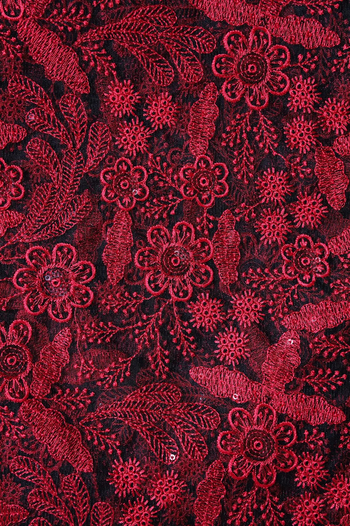 Red Thread With Sequins Floral Embroidery On Black Soft Net Fabric