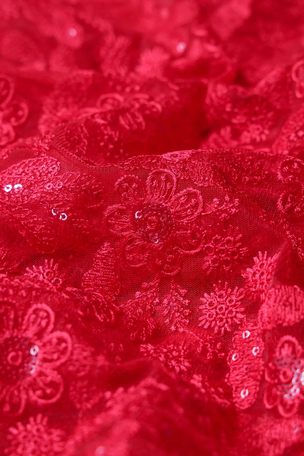 Red Thread With Sequins Floral Embroidery On Red Soft Net Fabric