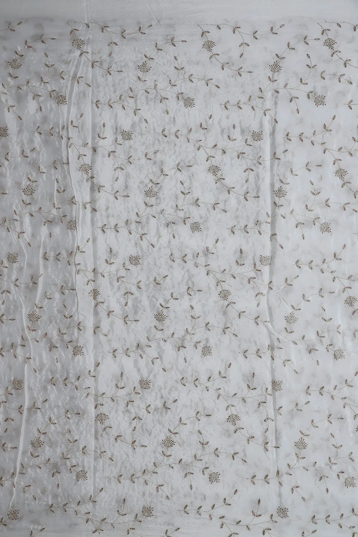 Gold Zari With Beads Beautiful Leafy Embroidery Work On White Dyeable Chinnon Chiffon Fabric