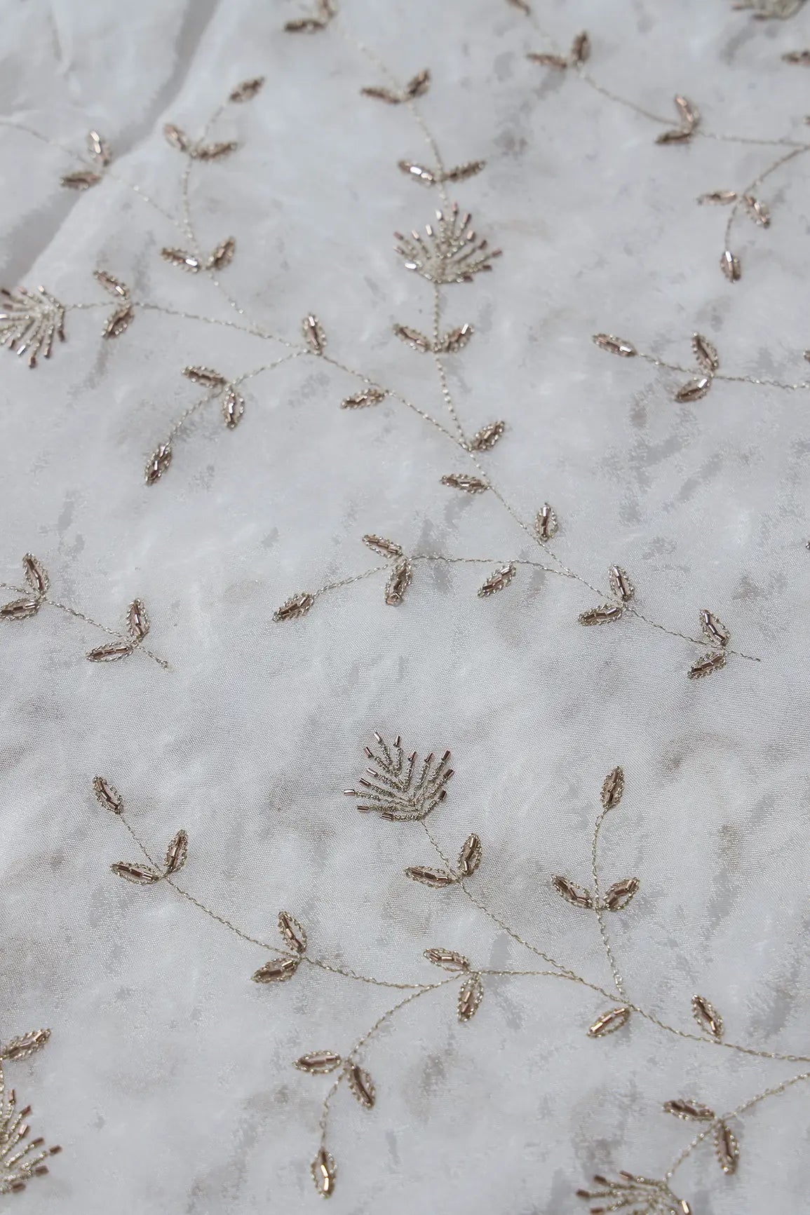 Gold Zari With Beads Beautiful Leafy Embroidery Work On White Dyeable Chinnon Chiffon Fabric