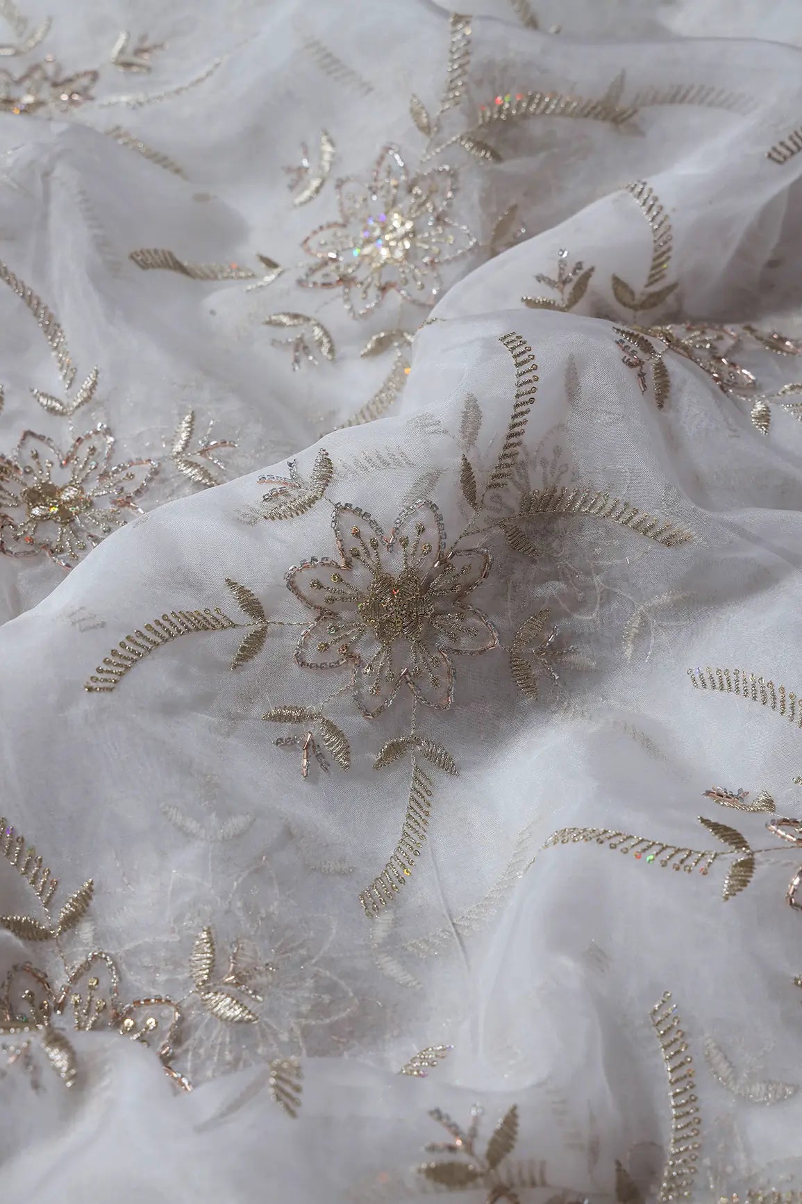 Gold Zari With Beads Floral Embroidery On Dyeable White Organza Fabric