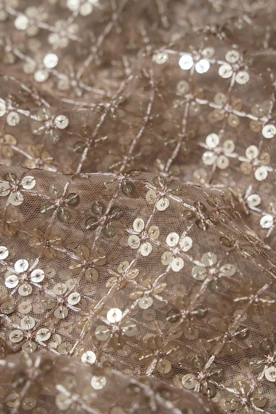 Beige Thread With Gold Sequins Small Checks Embroidery On Beige Soft Net Fabric