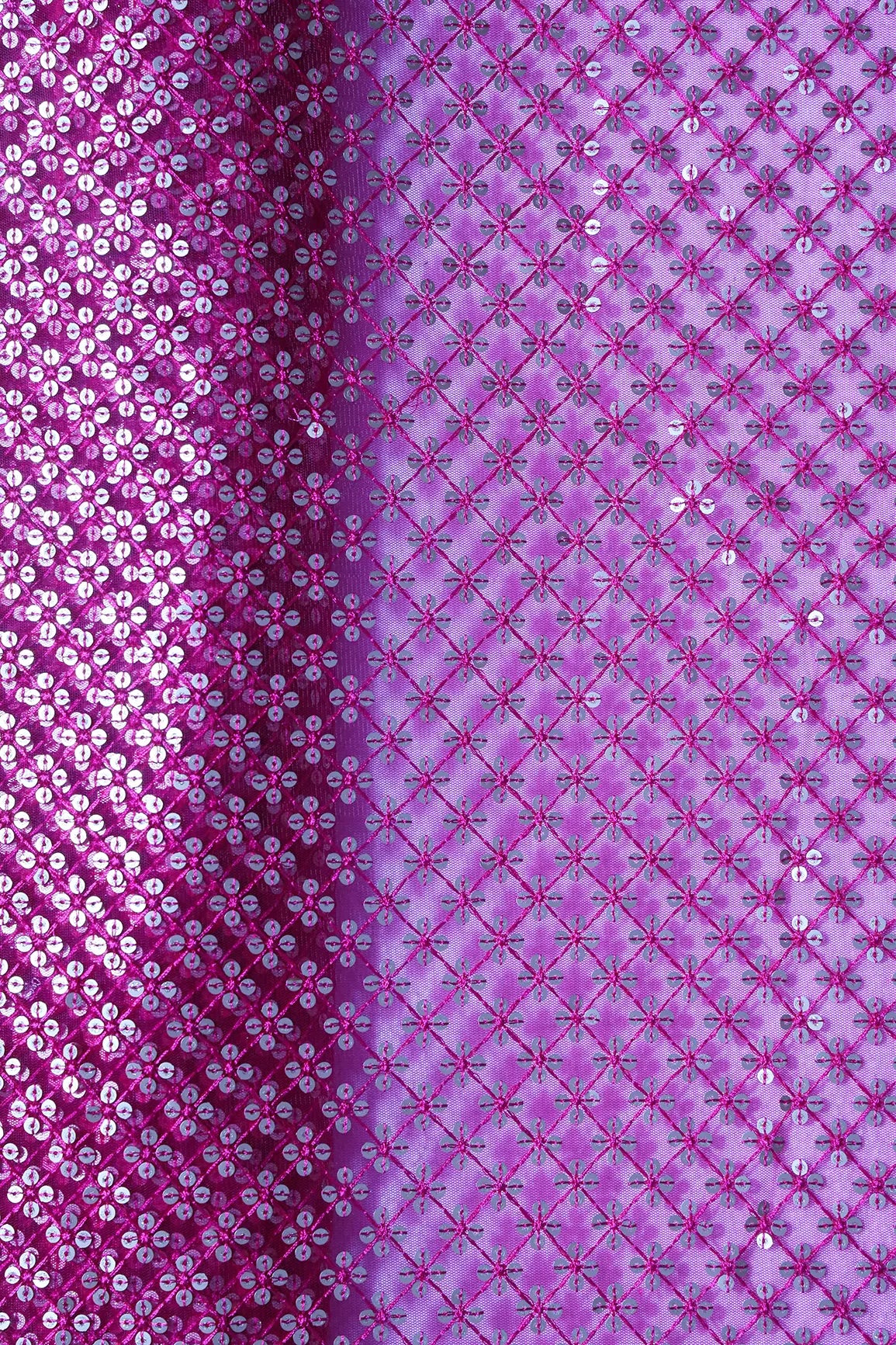 Fuchsia Thread With Gold Sequins Small Checks Embroidery On Fuchsia Soft Net Fabric
