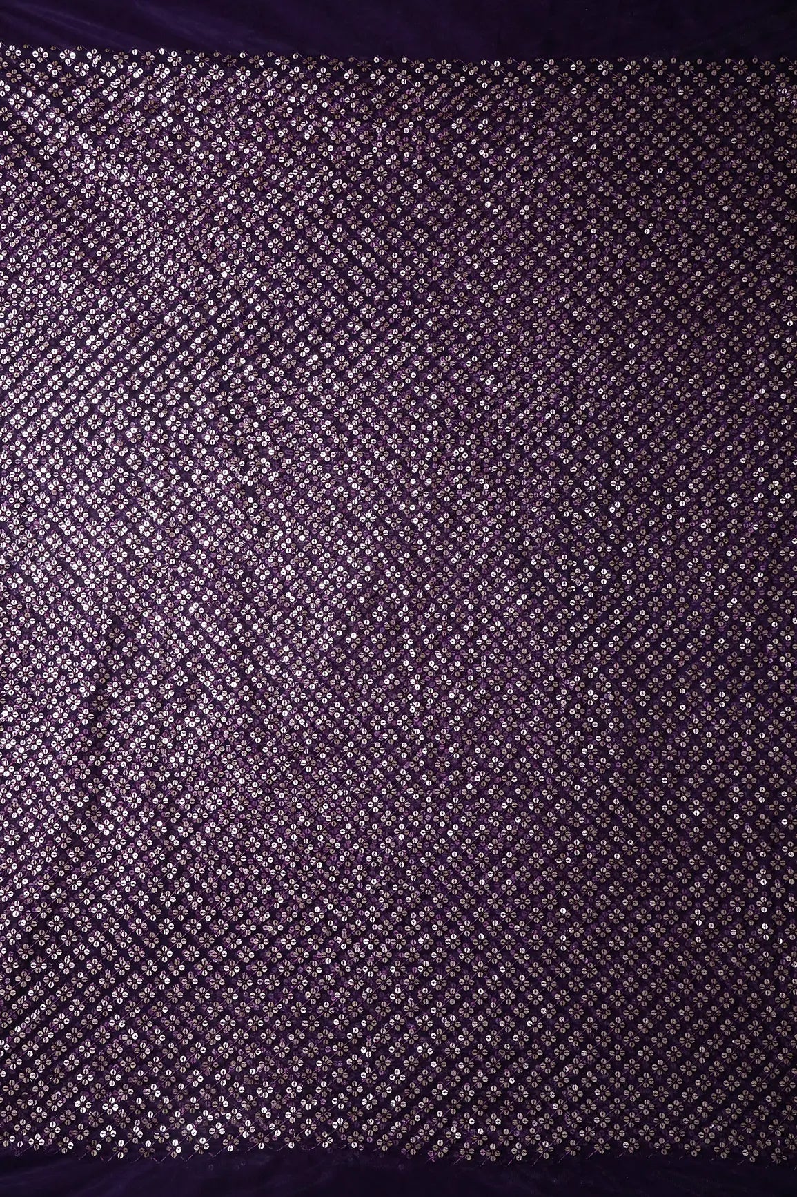 Wine Thread With Gold Sequins Small Checks Embroidery On Wine Soft Net Fabric