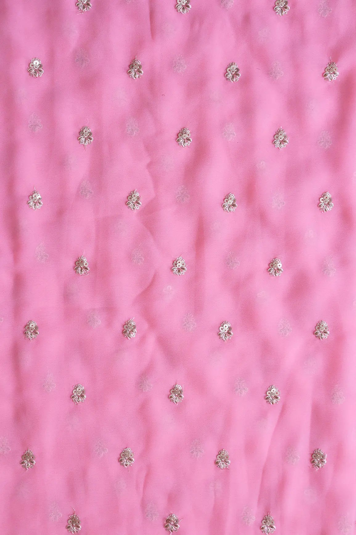 Gold Sequins With Zari Small Floral Booti Embroidery On Pink Georgette Fabric