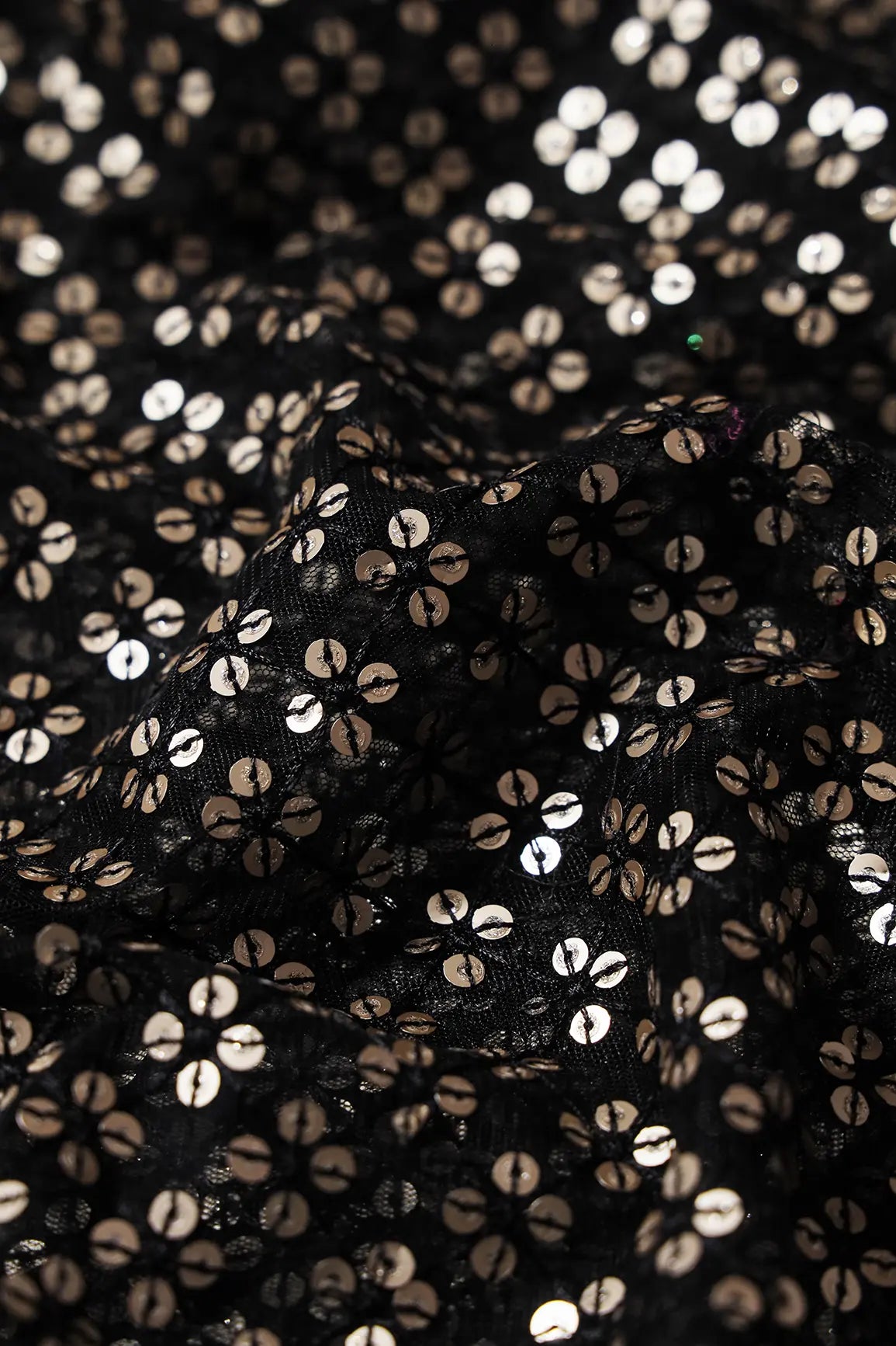 Black Thread With Gold Sequins Small Checks Embroidery On Black Soft Net Fabric