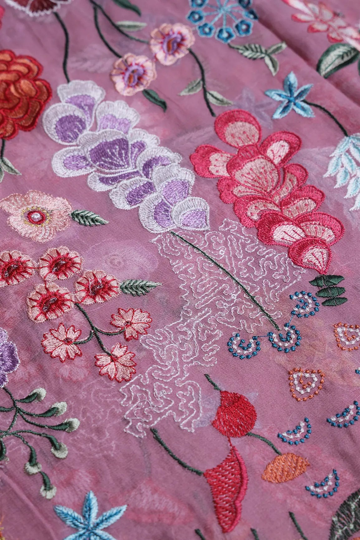 Multi Color Thread With Sequins Floral Embroidery On Thulian Pink Viscose Georgette Fabric