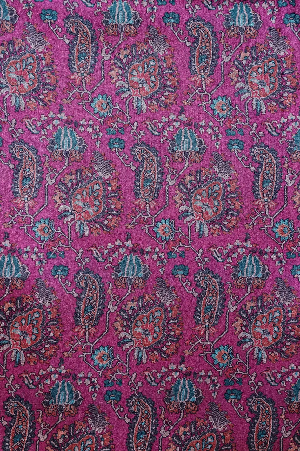 Green And Fuchsia Traditional Pattern Digital Print On Mulberry Silk Fabric