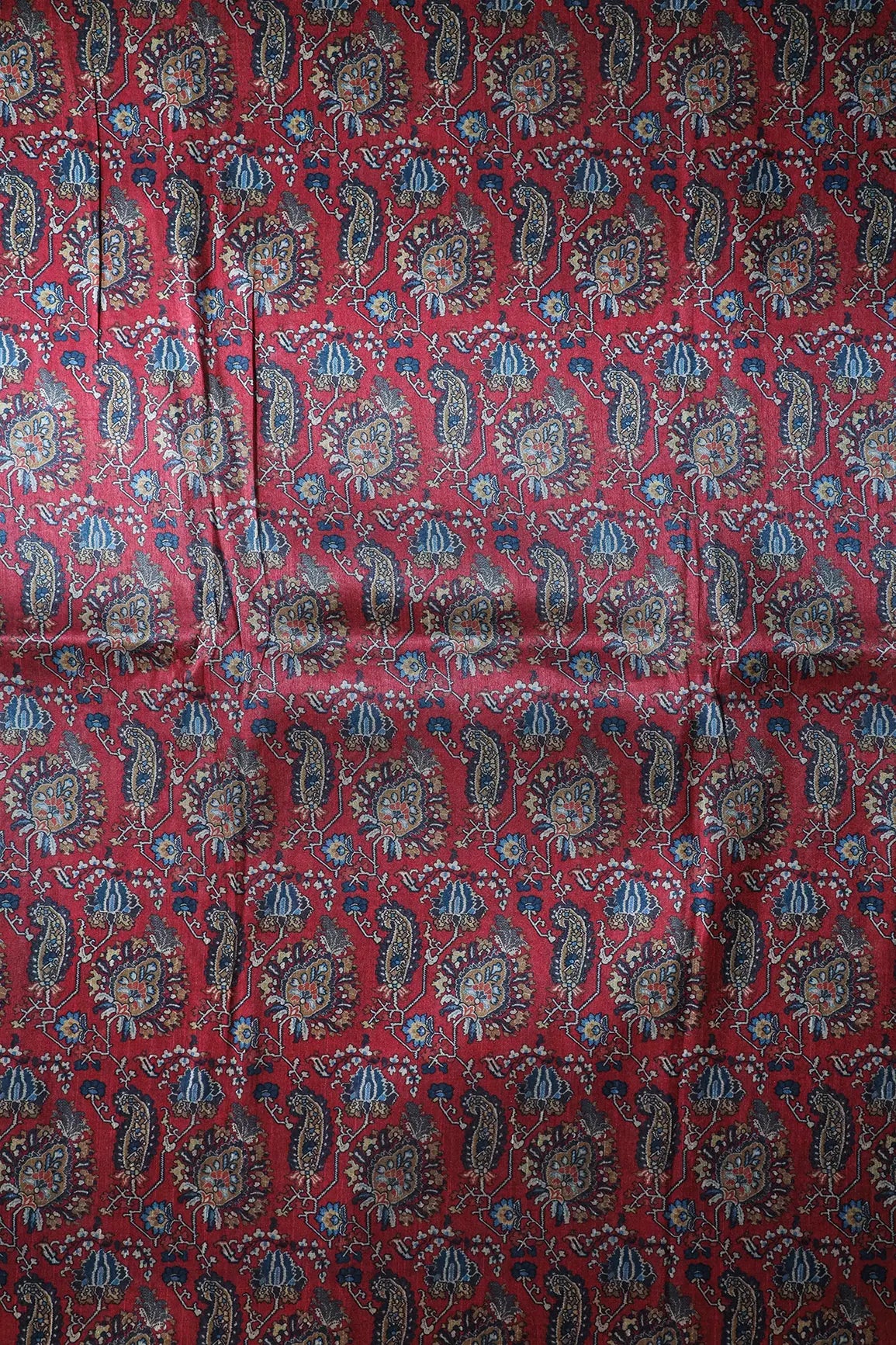 Green And Red Floral Pattern Digital Print On Mulberry Silk Fabric