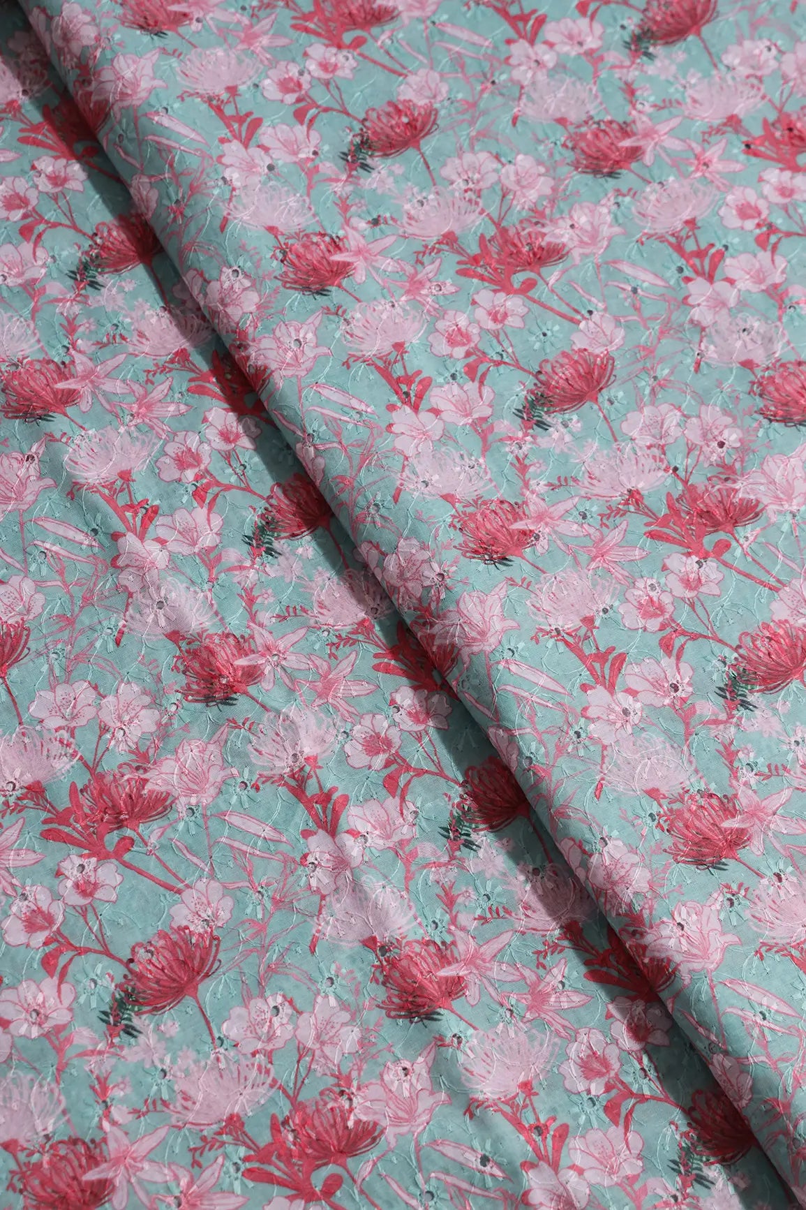 Sea Green And Red Hakoba Cotton Unstitched Suit Set (2 Piece)