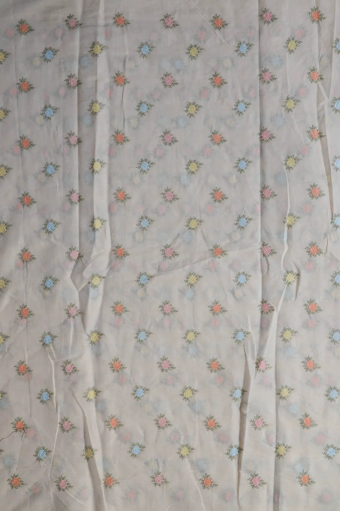 Beautiful Pastel Thread Floral Small Butta Embroidery On Off White Organic Cotton Fabric