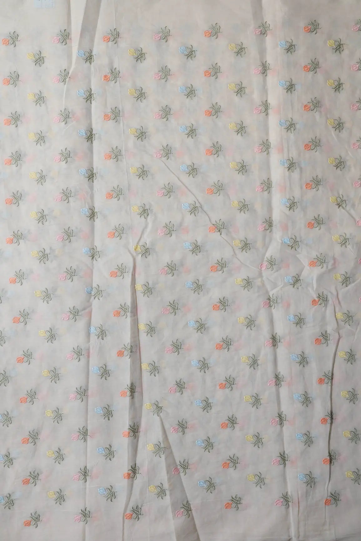 Pastel Thread Floral Butta Embroidery On Off White Organic Cotton Fabric