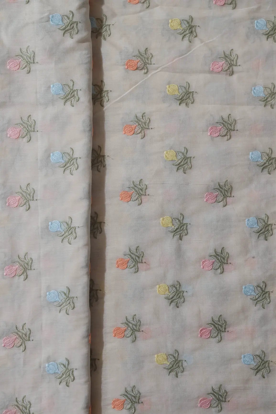 Pastel Thread Floral Butta Embroidery On Off White Organic Cotton Fabric