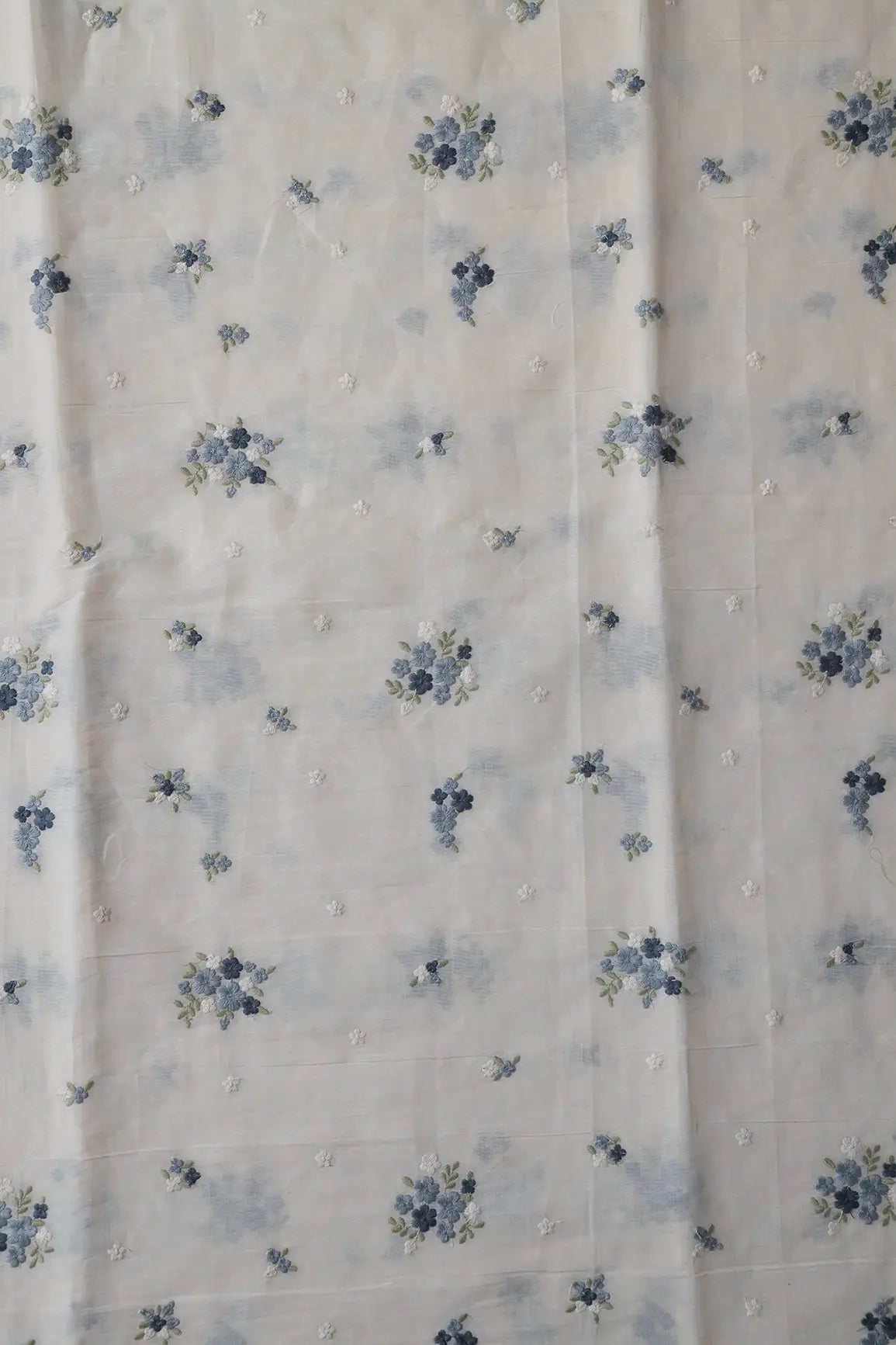 Grey And Olive Thread Beautiful Floral Embroidery On Off White Organic Cotton Fabric