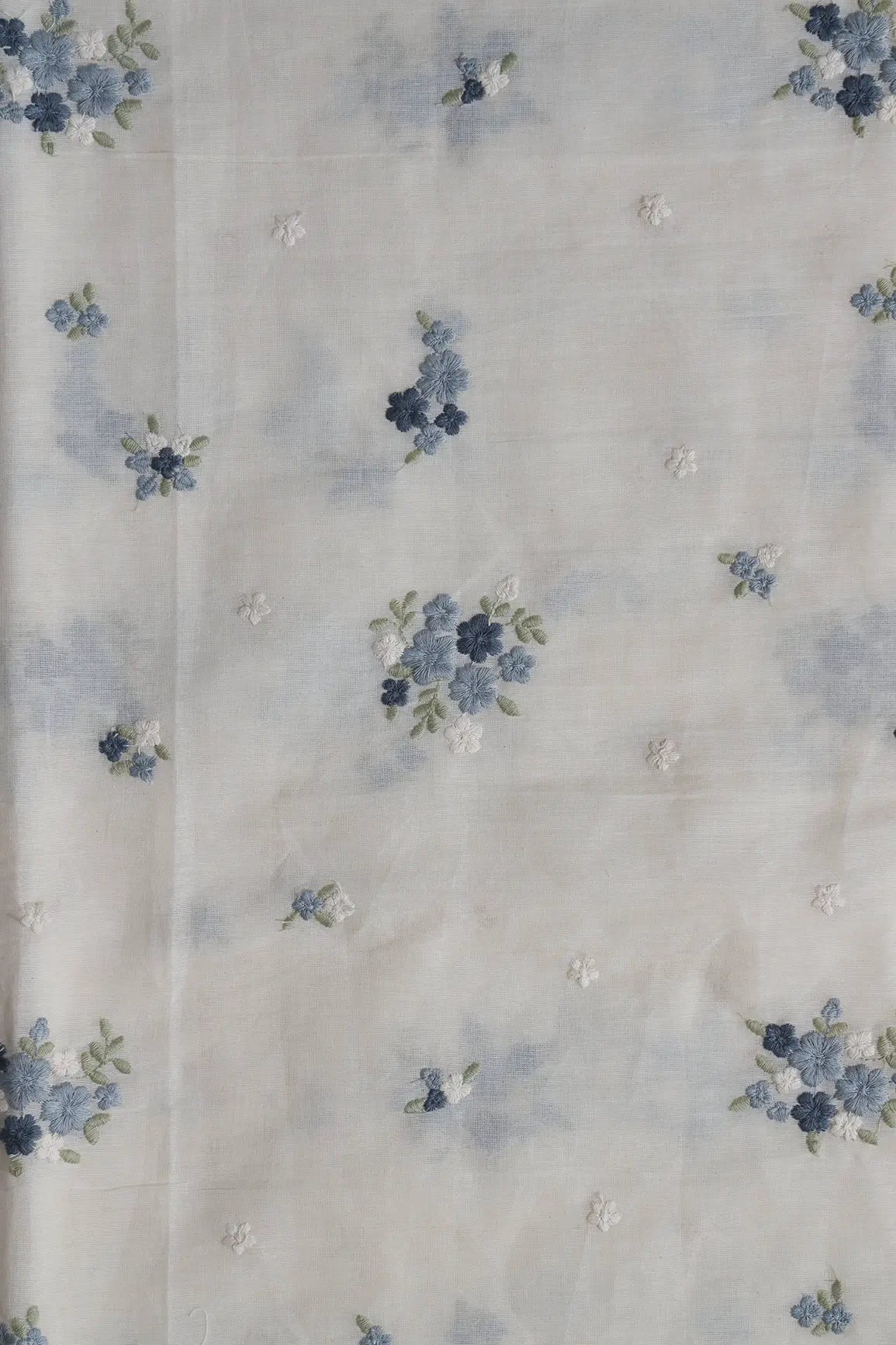 Grey And Olive Thread Beautiful Floral Embroidery On Off White Organic Cotton Fabric
