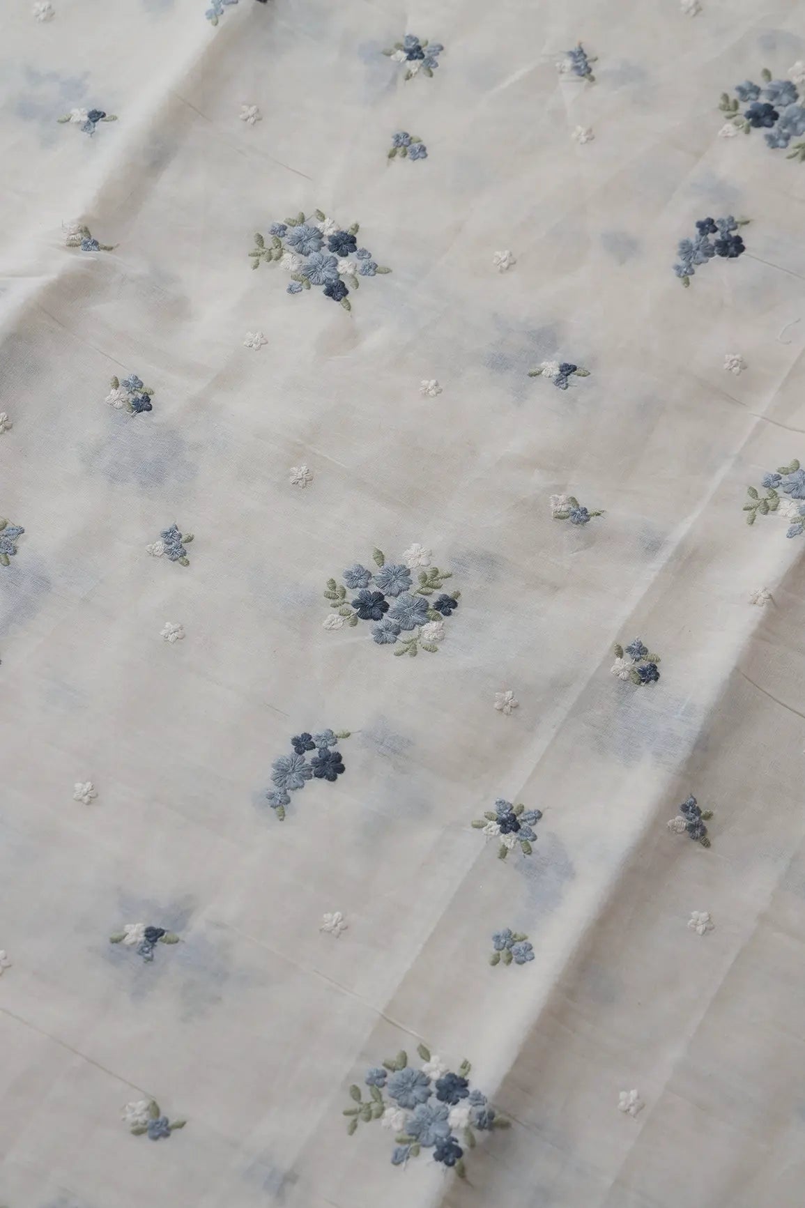 Grey And Olive Thread Beautiful Floral Embroidery On Off White Organic Cotton Fabric