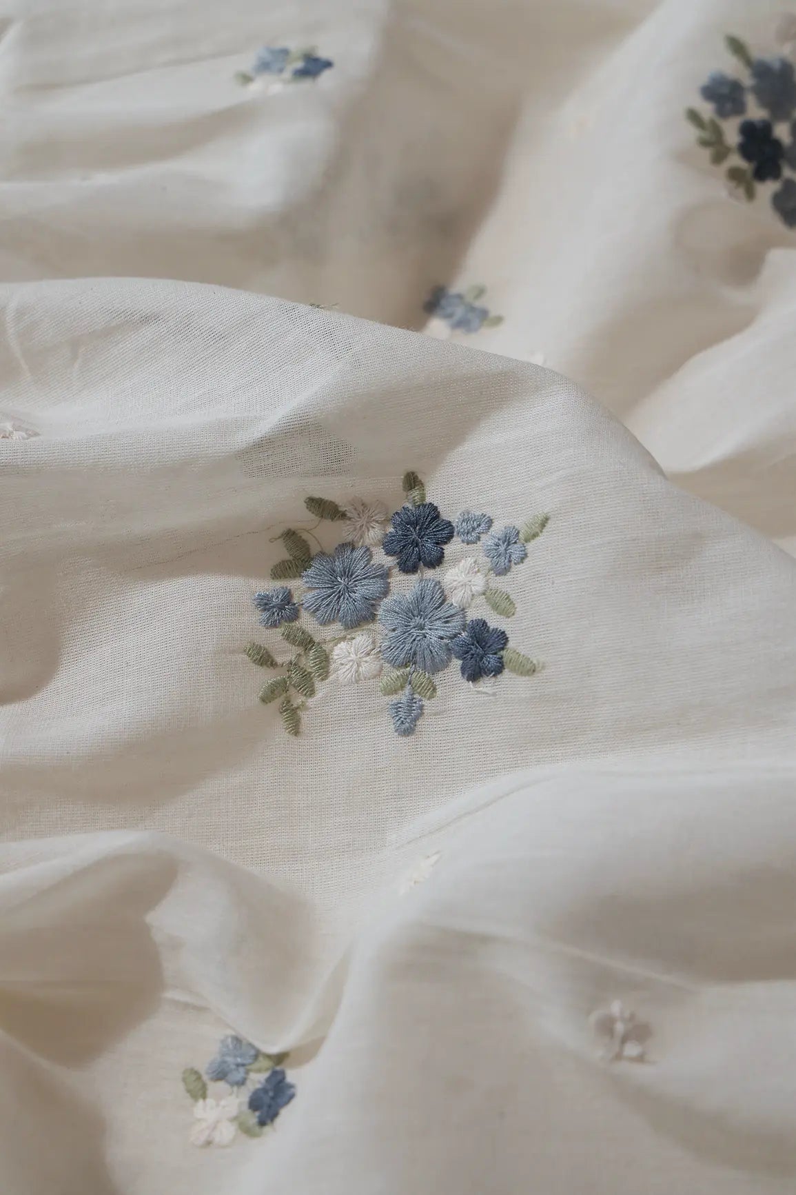 Grey And Olive Thread Beautiful Floral Embroidery On Off White Organic Cotton Fabric