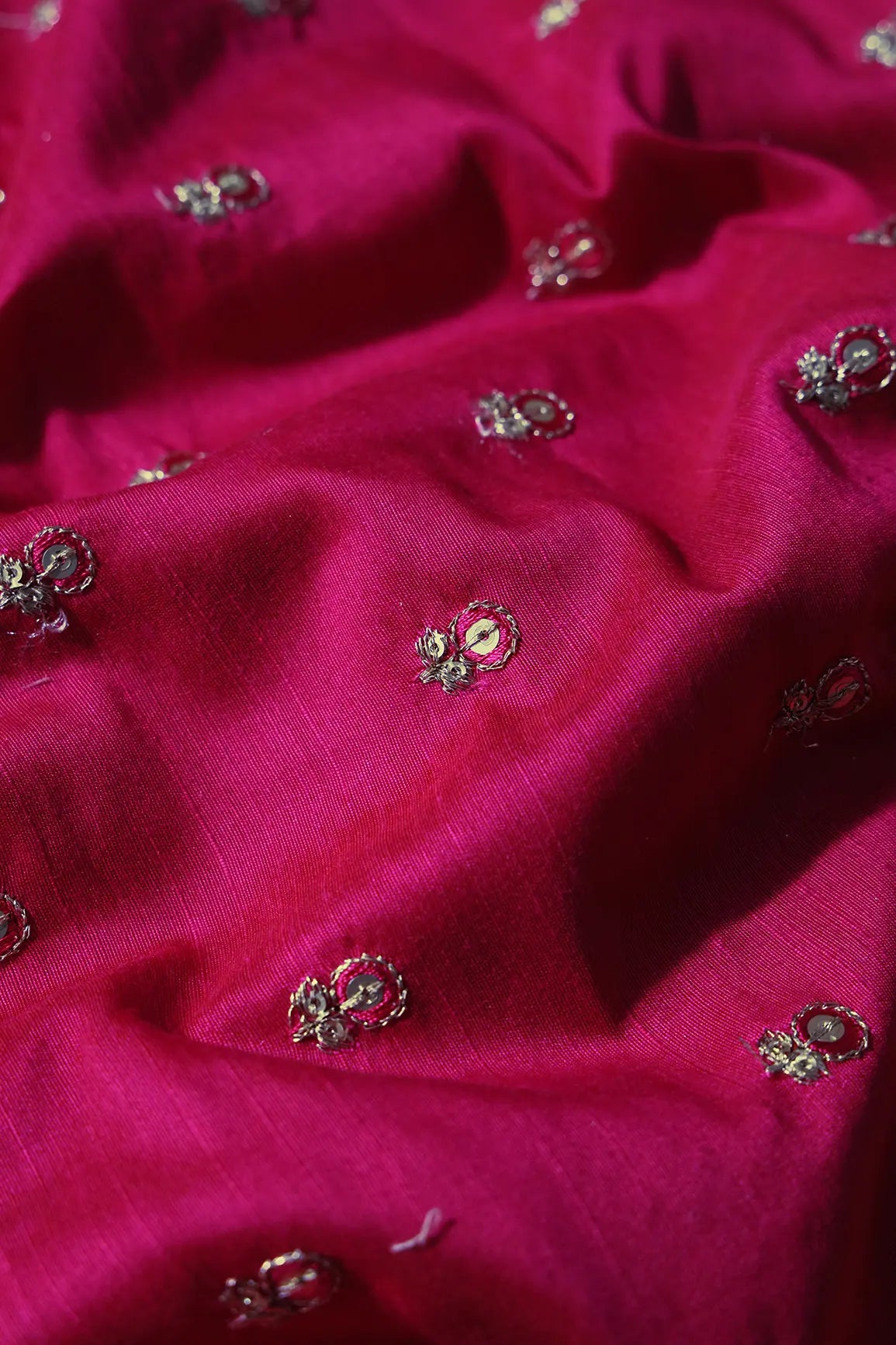 Rani Thread With Gold Sequins Small Floral Booti Embroidery On Rani Raw Silk Fabric