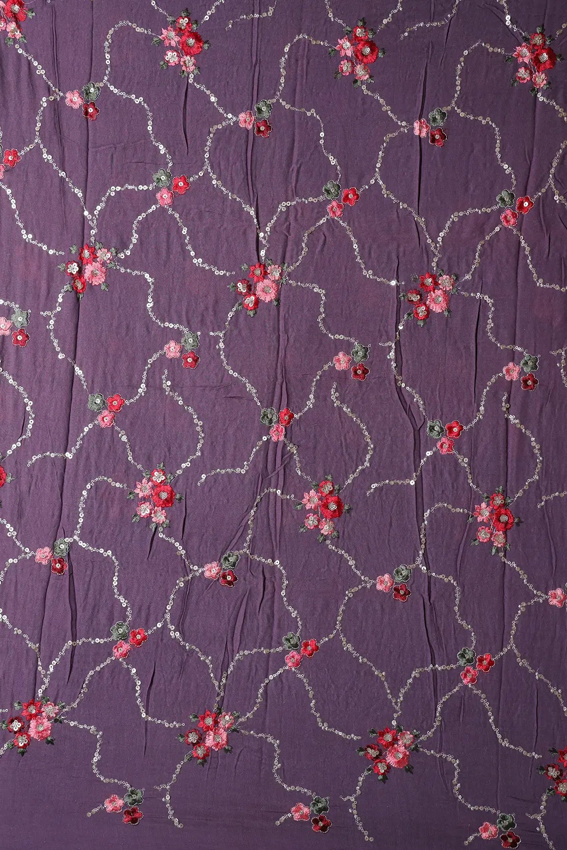 1.90 Meter Cut Piece Of Gold Sequins And Multi Thread Floral Embroidery On Viola Purple Muslin Silk Fabric