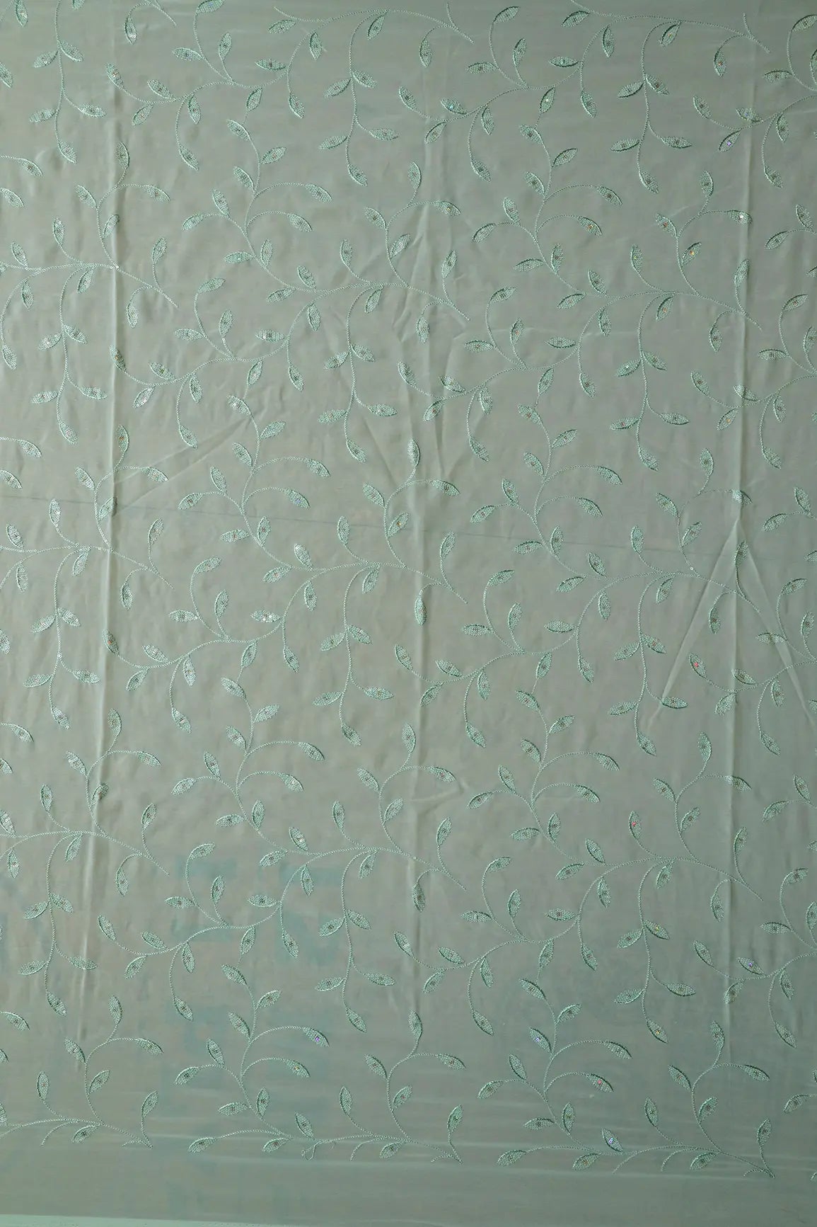 1 Meter Cut Piece Of Rainbow Sequins Leafy Embroidery On Pista Green Georgette Fabric