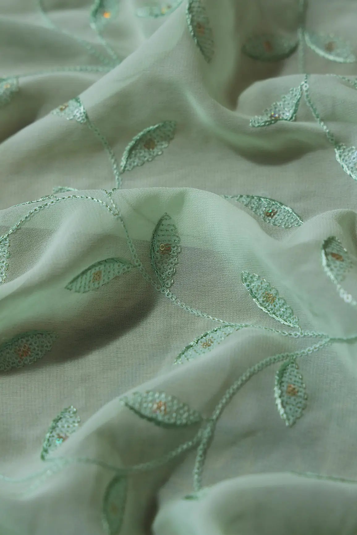1 Meter Cut Piece Of Rainbow Sequins Leafy Embroidery On Pista Green Georgette Fabric