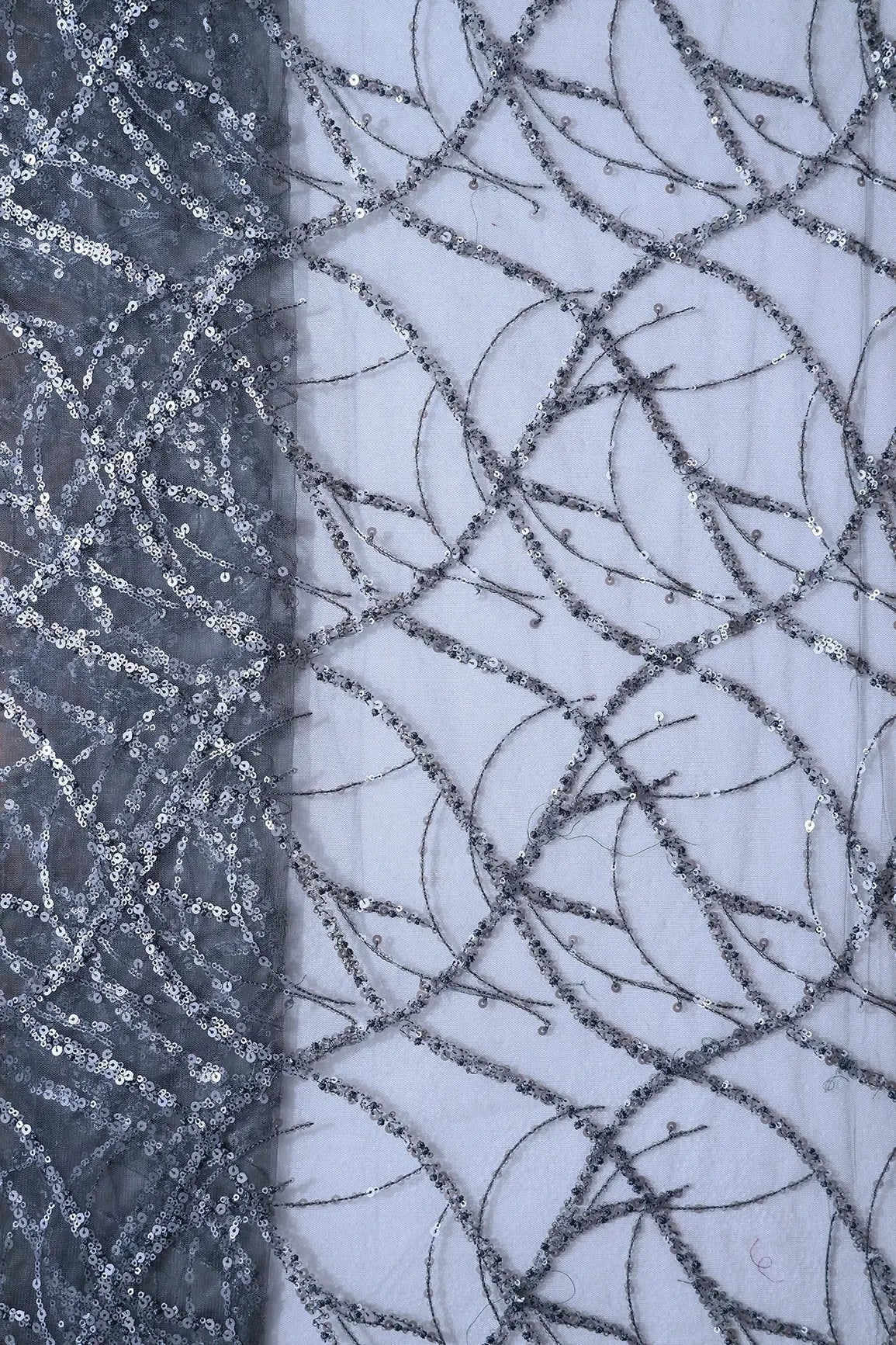 1.75 Meter Cut Piece Of Grey Sequins Work Embroidery On Dark Grey Soft Net Fabric