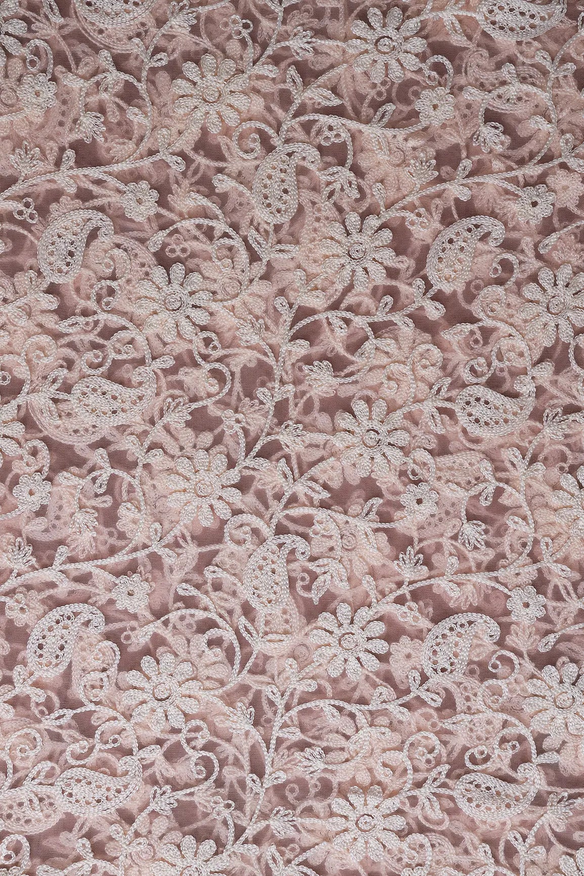 1.25 Meter Cut Piece Of White Thread Work Floral Embroidery On Pink Soft Net Fabric