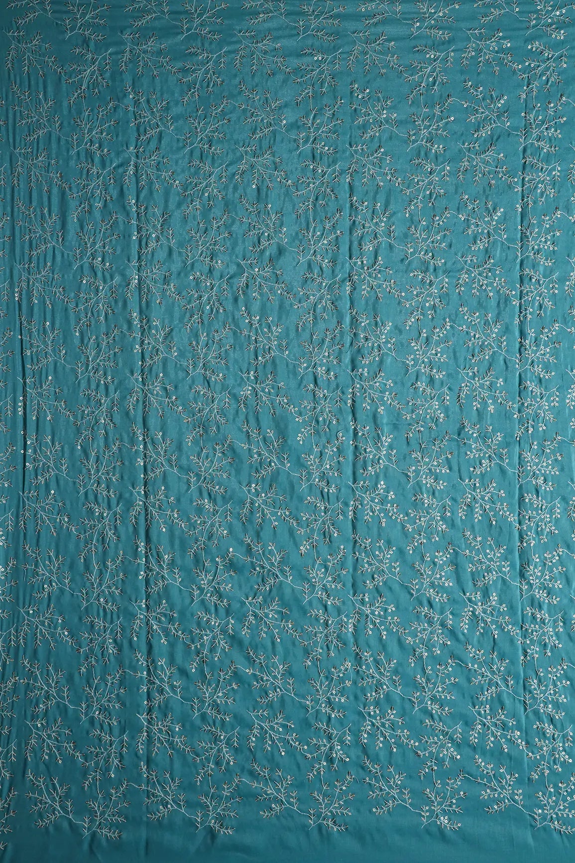 1.78 Meter Cut Piece Of White Thread With Gold Sequins Leafy Embroidery On Sky Blue Muslin Silk Fabric