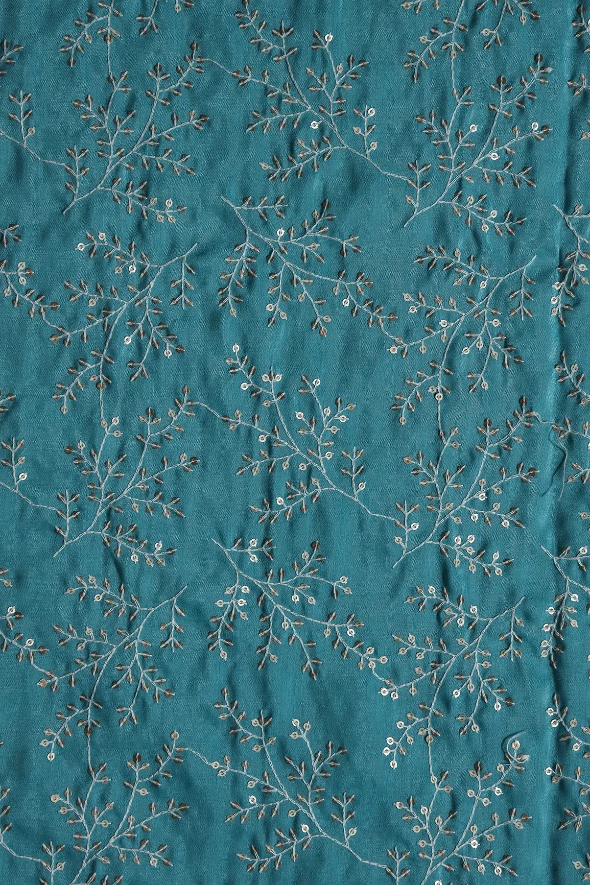 1.78 Meter Cut Piece Of White Thread With Gold Sequins Leafy Embroidery On Sky Blue Muslin Silk Fabric