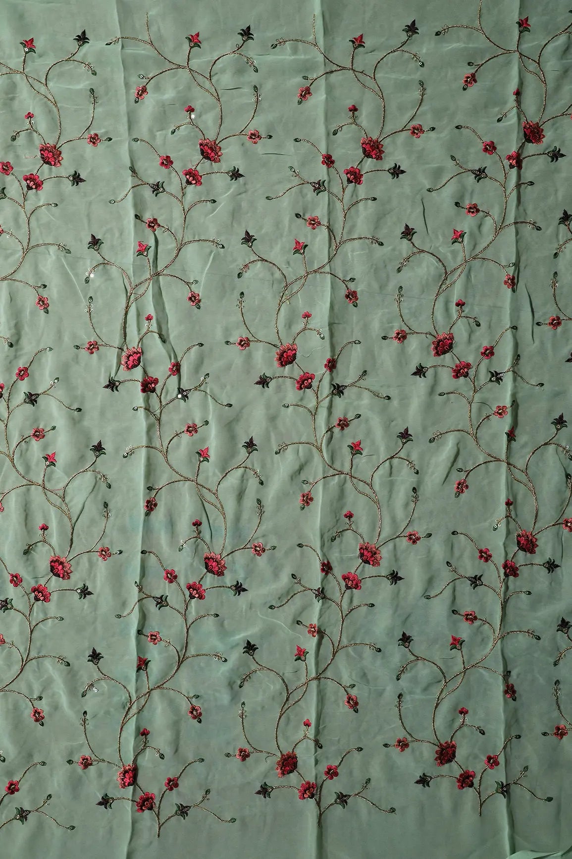 0.85 Meter Cut Piece Of Gold Sequins With Thread Work Floral Embroidery On Pista Green Georgette Fabric